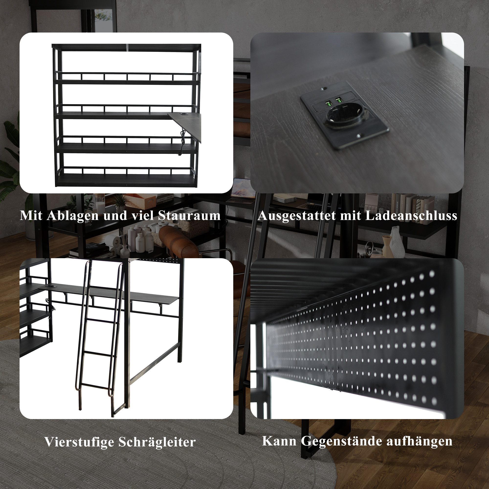 Odikalo Loft Bed 140x200 Metal Bed with Desk & Storage (Iron Bed, Children's Bed, Youth Bed, With Shelves and Plenty of Storage Space, Equipped with Charging Port, Four-Step Slanted Ladder, Can Hang Items, Iron + Chipboard, Black, 140x200cm)