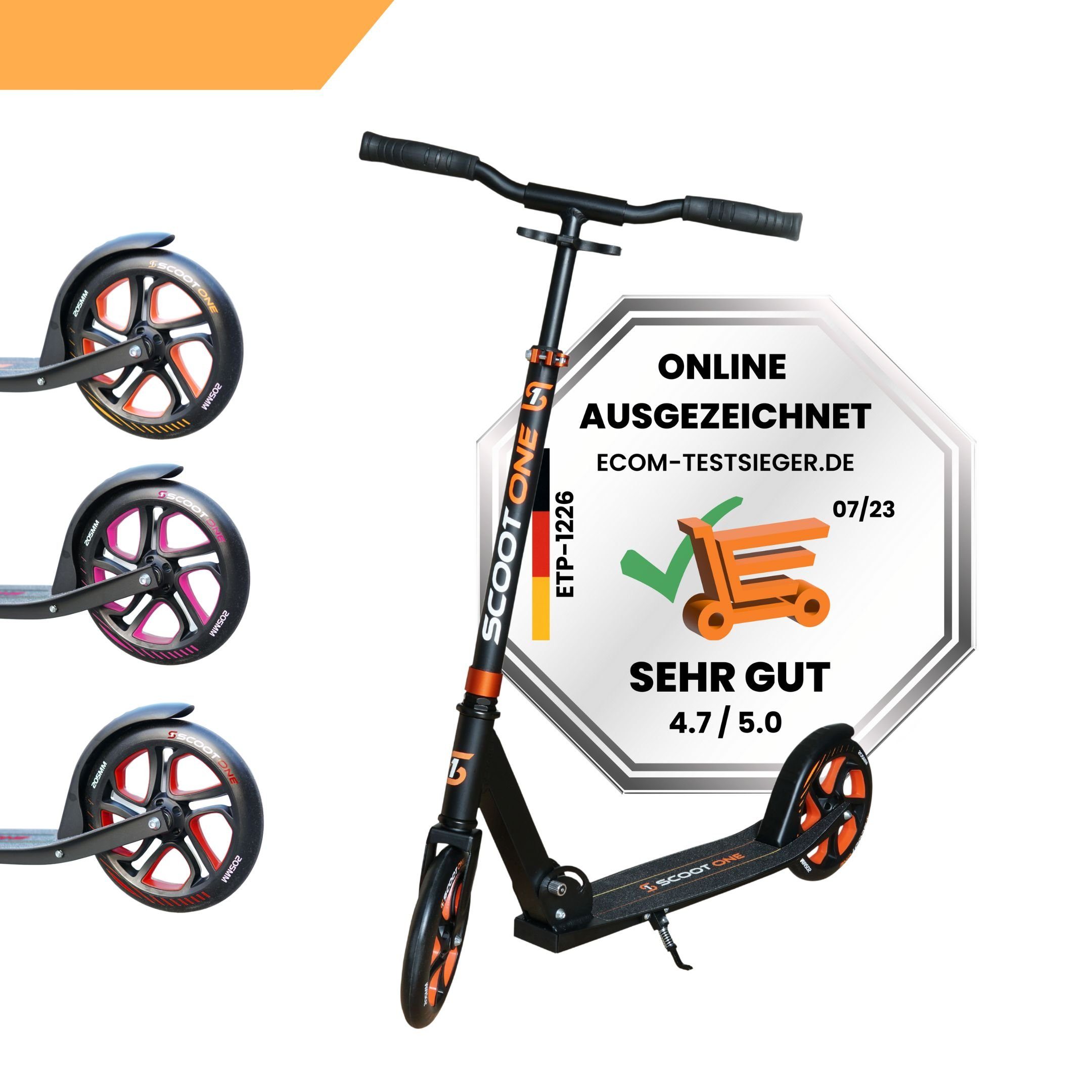 Scoot One Tretroller – Roller, Höhenverstellbarer Cityroller Kickroller 205mm klappbar S2, Aluminium orange