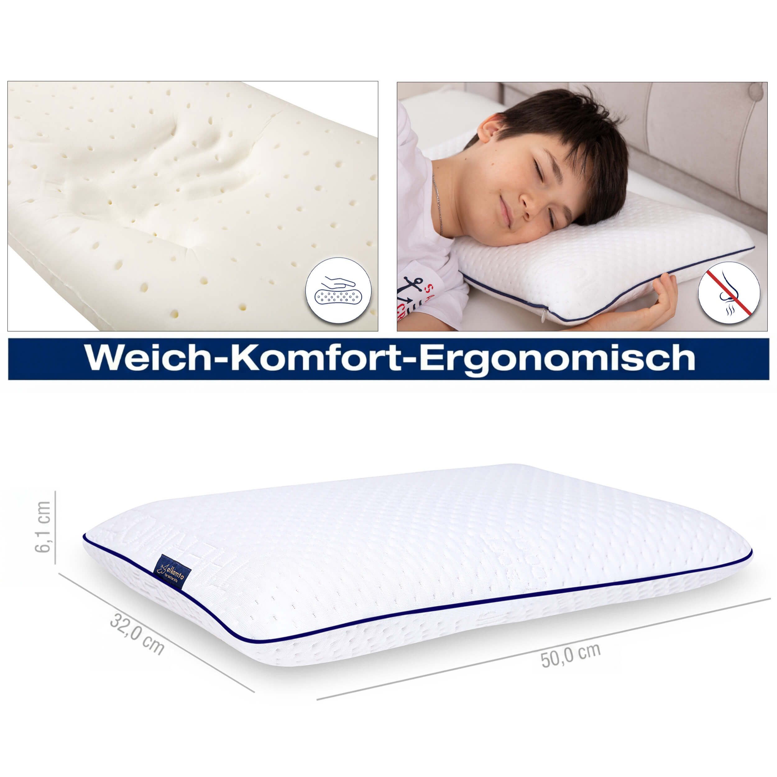 Alkamto Kopfkissen Alkamto Kinder Orthopädisches Memory Foam Kissen 50x32x6 cm, Füllung: 100% Memory-Smart-Schaum, Bezug: Viskose, Seitenschläfer, Bauchschläfer, Rückenschläfer, 100% Baumwolle, Äußerer Bezug: Viskose, Füllung: 100% Viscoschaum