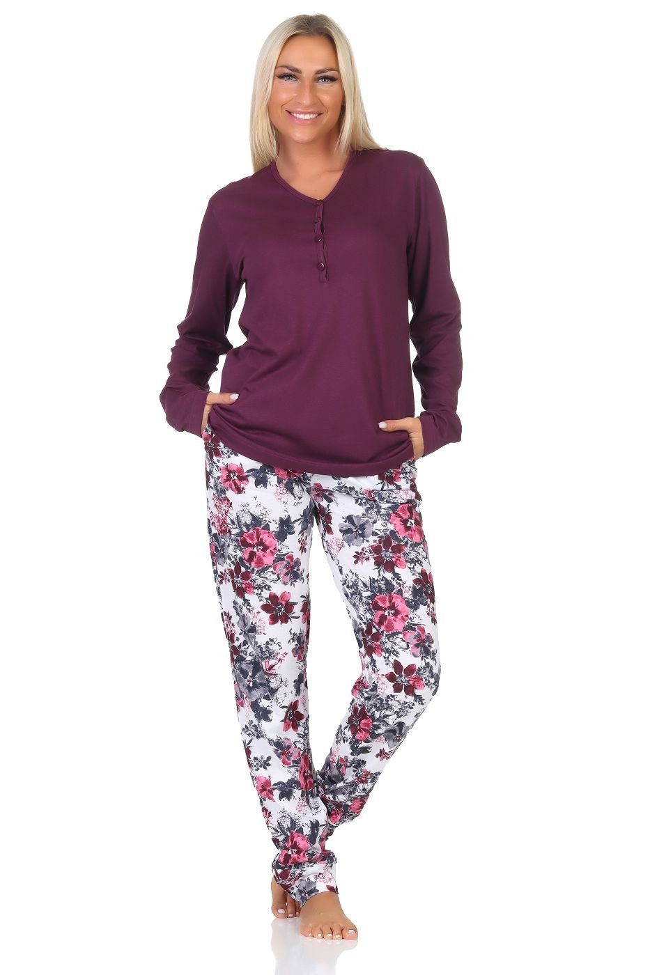Normann Pyjama Damen Schlafanzug langarm in floralem Design - auch in Übergrößen lila