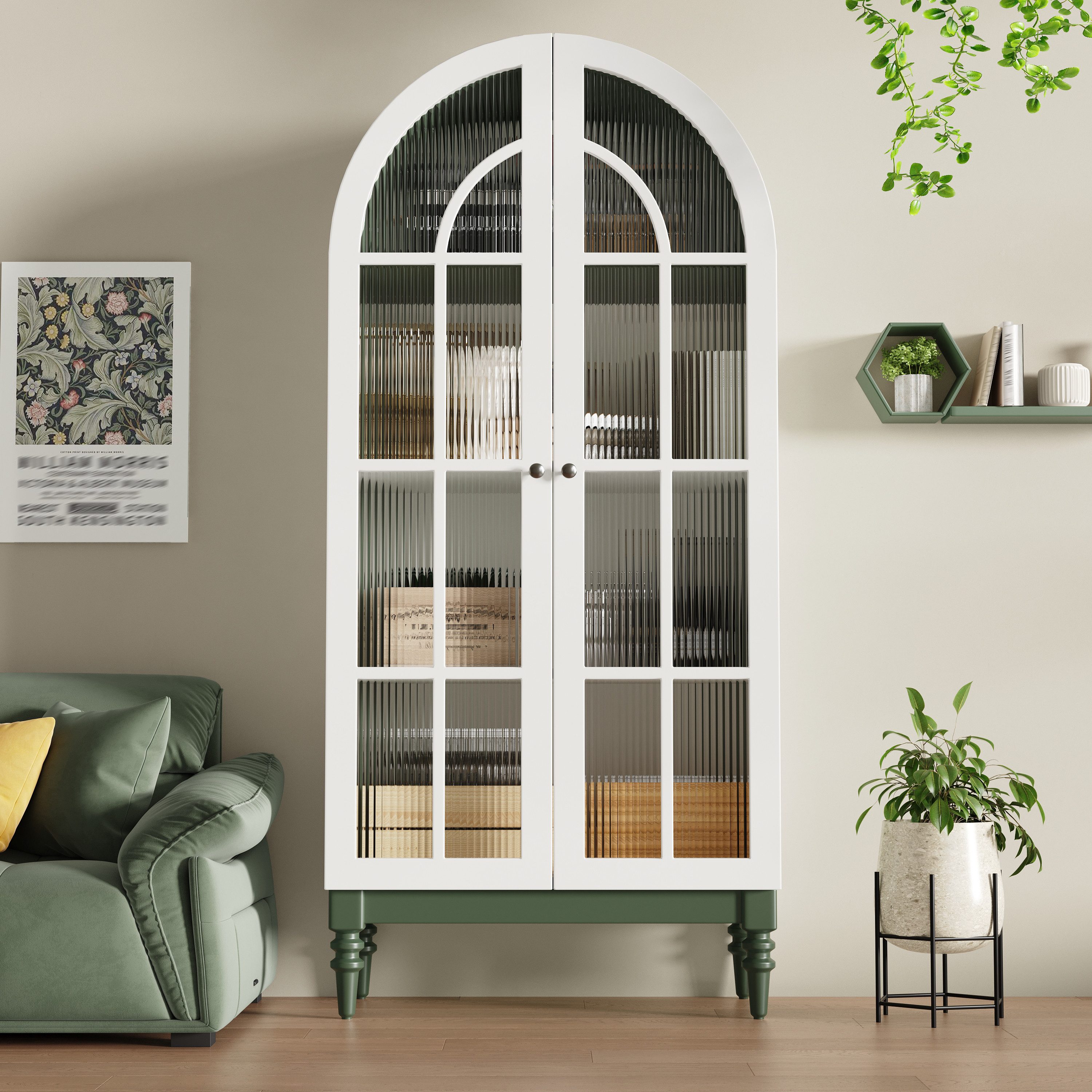 Flieks Hochschrank Bogen-Mehrzweckschrank Glasvitrine mit Glastüren, Retro-Holzfüßen (Aufbewahrungsschrank mit Bogenform für Wohn- und Schlafzimmer, 1-St., B76/T38,5/H165 cm) Vitrine mit 4 Fächern Sideboard Holzoptik, Dunkelgrün & Weiß