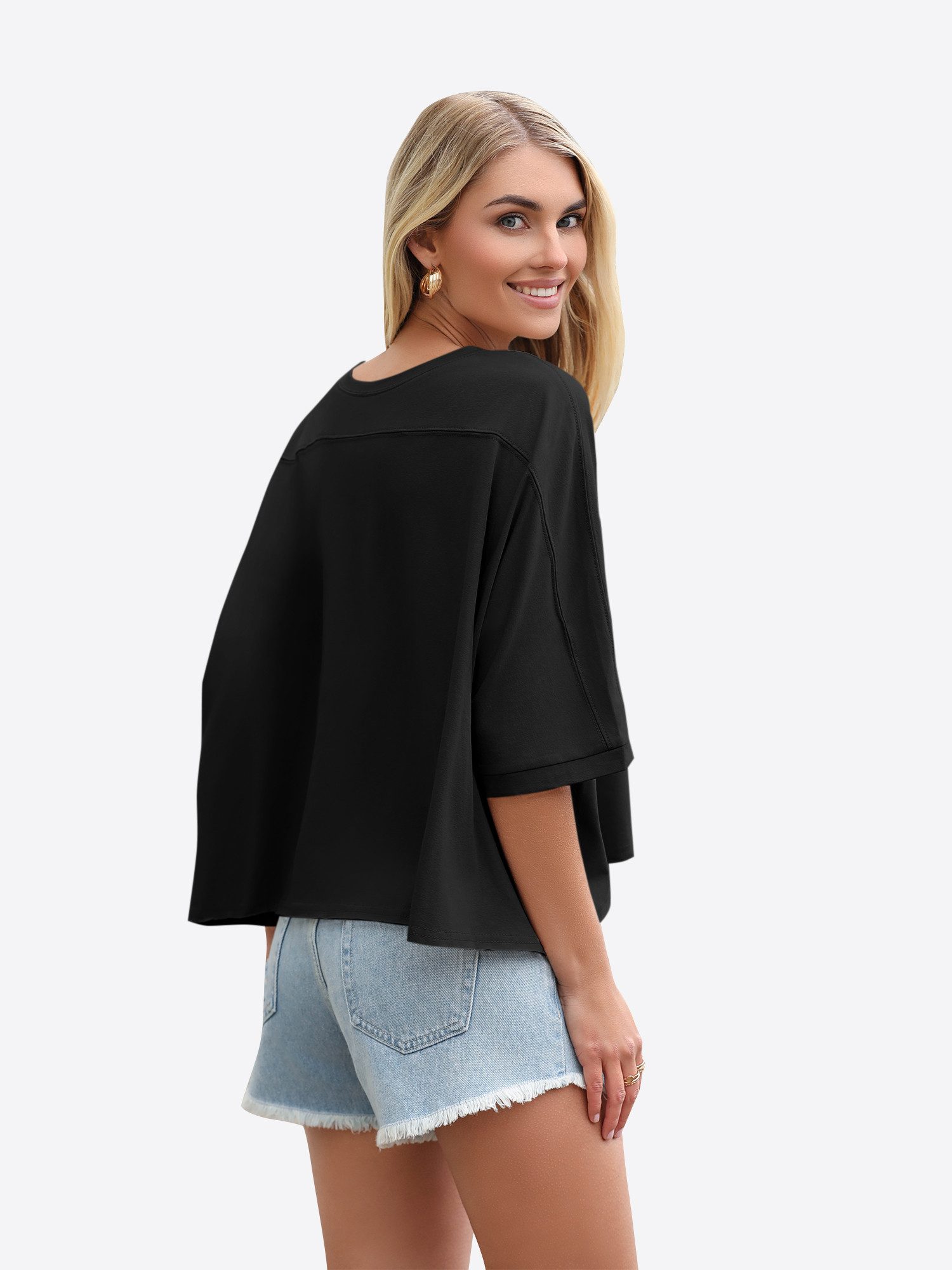Imily Bela T-Shirt Damen Oversized Cropped Shirt Rundhals Casual Oberteil (Packung, 1-tlg., 1per-Pack) mit 3/4-Ärmeln und abgerundetem Saum in Unifarbe – Bild 2 von 5