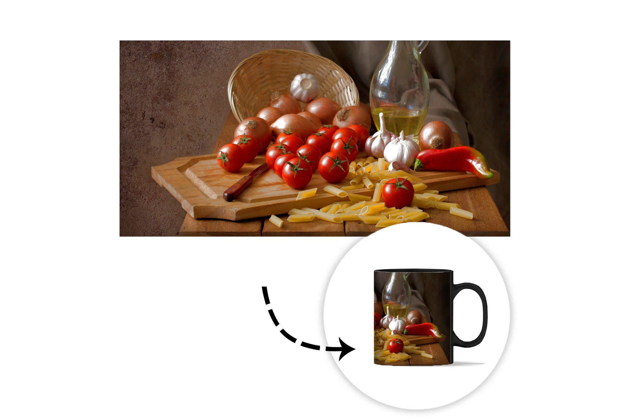 - Stillleben Teetasse, MuchoWow - Keramik, - Tomate Pasta Tasse Kaffeetassen, Geschenk Farbwechsel, Gemüse Zaubertasse, -, Aus - - Schneidebrett