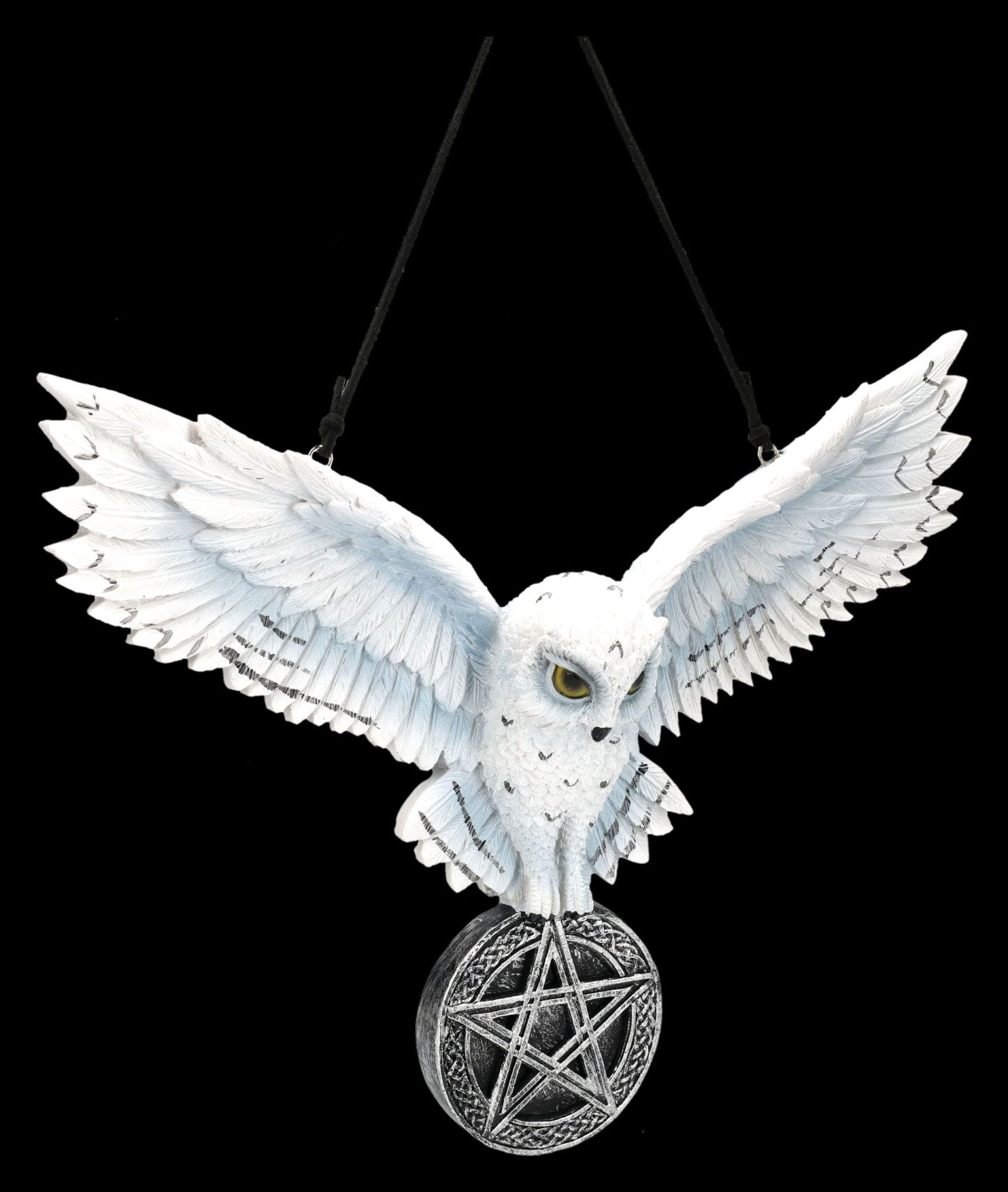 Figuren Shop GmbH Wanddekoobjekt Schneeeule Wanddeko – Magische Eulen Statue mit Pentagramm 19 cm