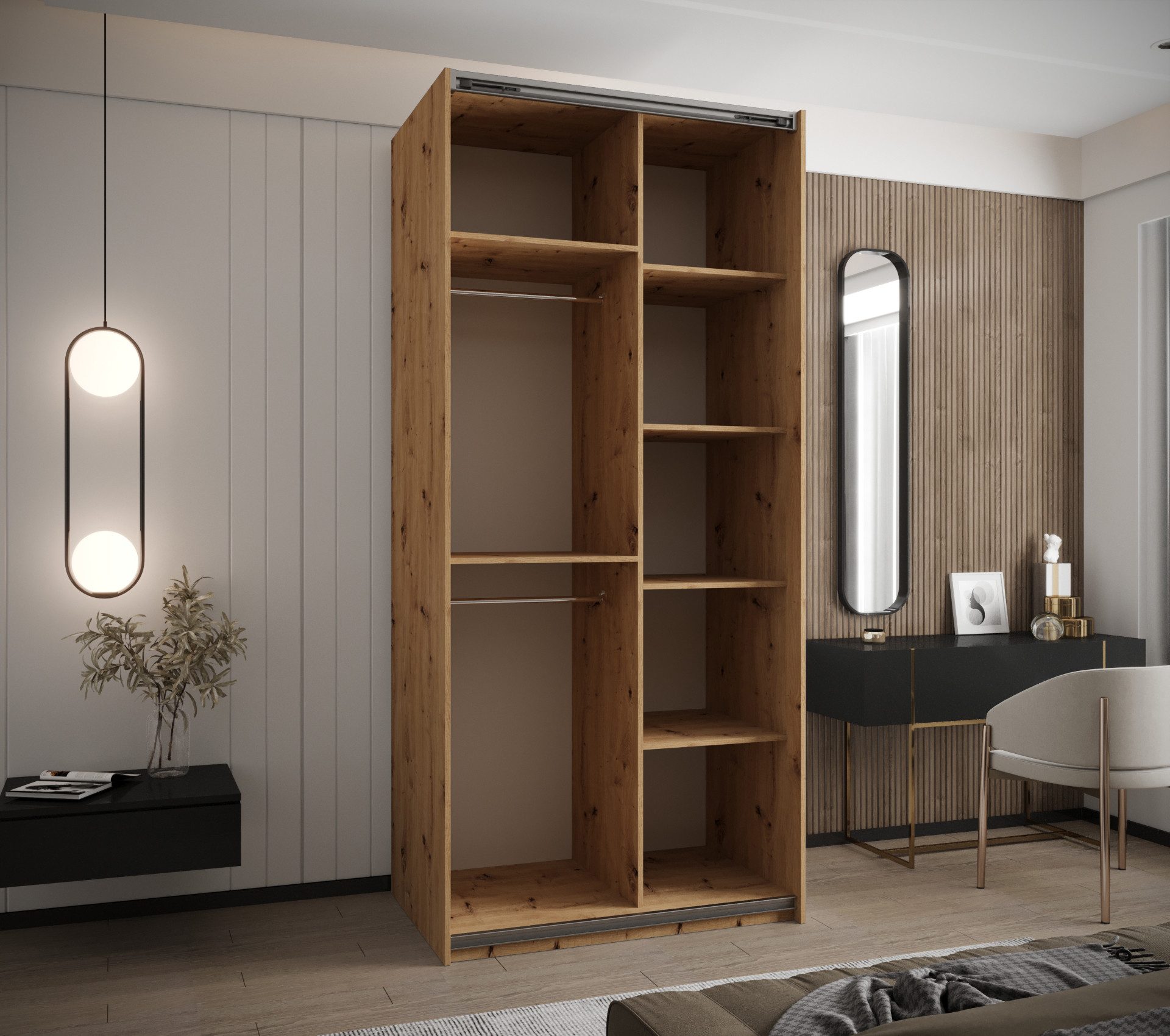 ABIKS MÖBEL Schwebetürenschrank LUX 2 hoher Schlafzimmerschrank - mit Spiegel, Kleiderstange, Regalen