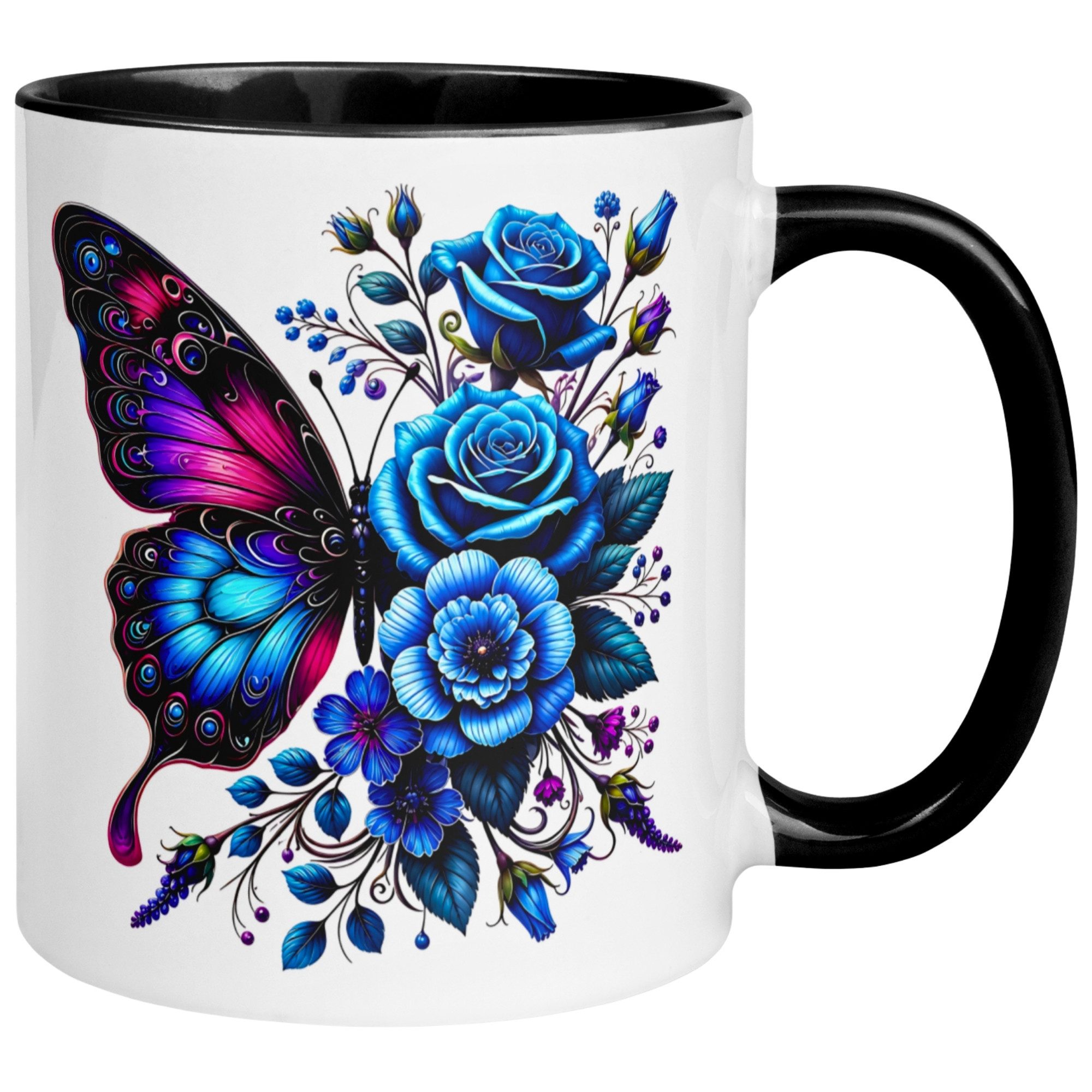 Momentals Tasse Schmetterling – „Blaues Blütendesign“ – Geschenk mit Schmetterlingen, Gratis Versand · Links-&Rechtshänder · Spülmaschinenfest