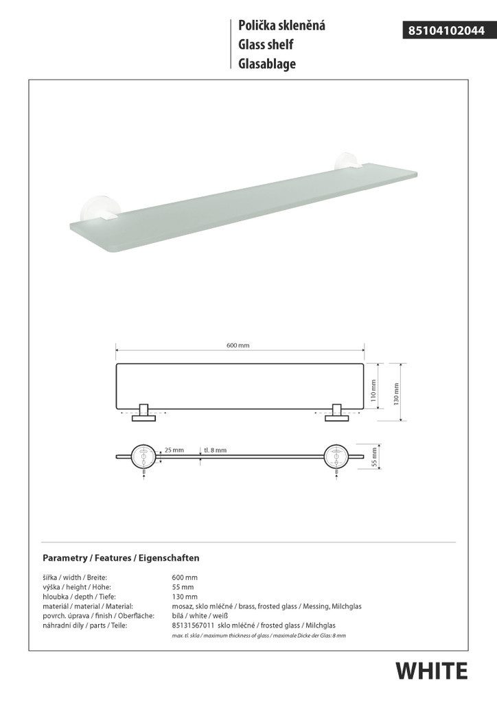 BRILLANTBAD® Duschablage WHITE Glasablage Messing Weiß für Bad & Küche >> Bohren