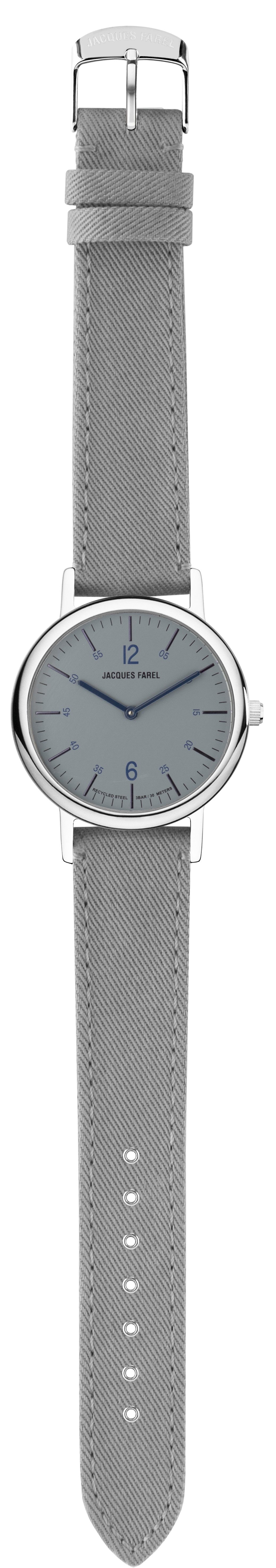 Jacques Farel Quarzuhr ORS6644 nachhaltige Damen Armbanduhr Recycling-Stahlgehäuse Lyocellband 3 bar, Analog Blau Grau Ökouhr ökologisch Geschenk Frauen Ø38 mm