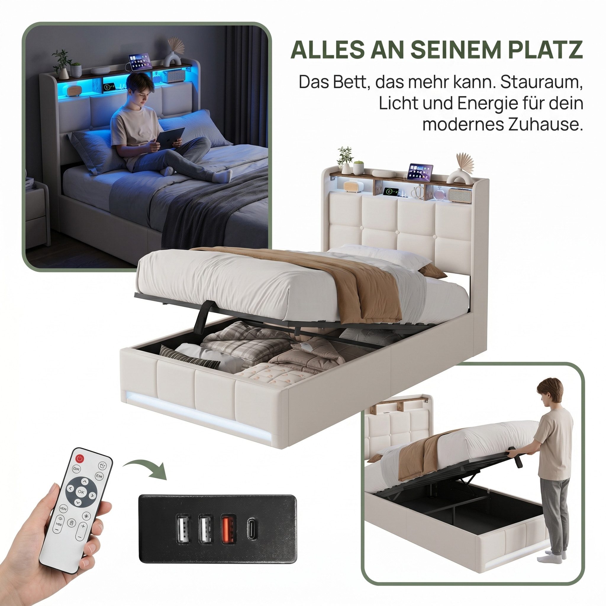 PXloue Polsterbett LED-Bett mit Stauraum und Ladeanschluss (Geeignet für Jugendliche und Erwachsene), Hydraulisches Stauraumbett, Bettkasten, Leinen