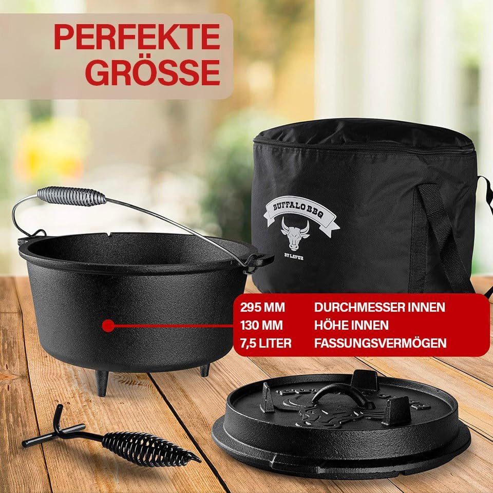 LAVUR Grilltopf BUFFALO BBQ Dutch Oven 7,5 L eingebrannt, Gusseisen-Feuertopf, Kochen, Braten & Grillen beim Camping inkl. Deckelheber & Tasche – Bild 3 von 5