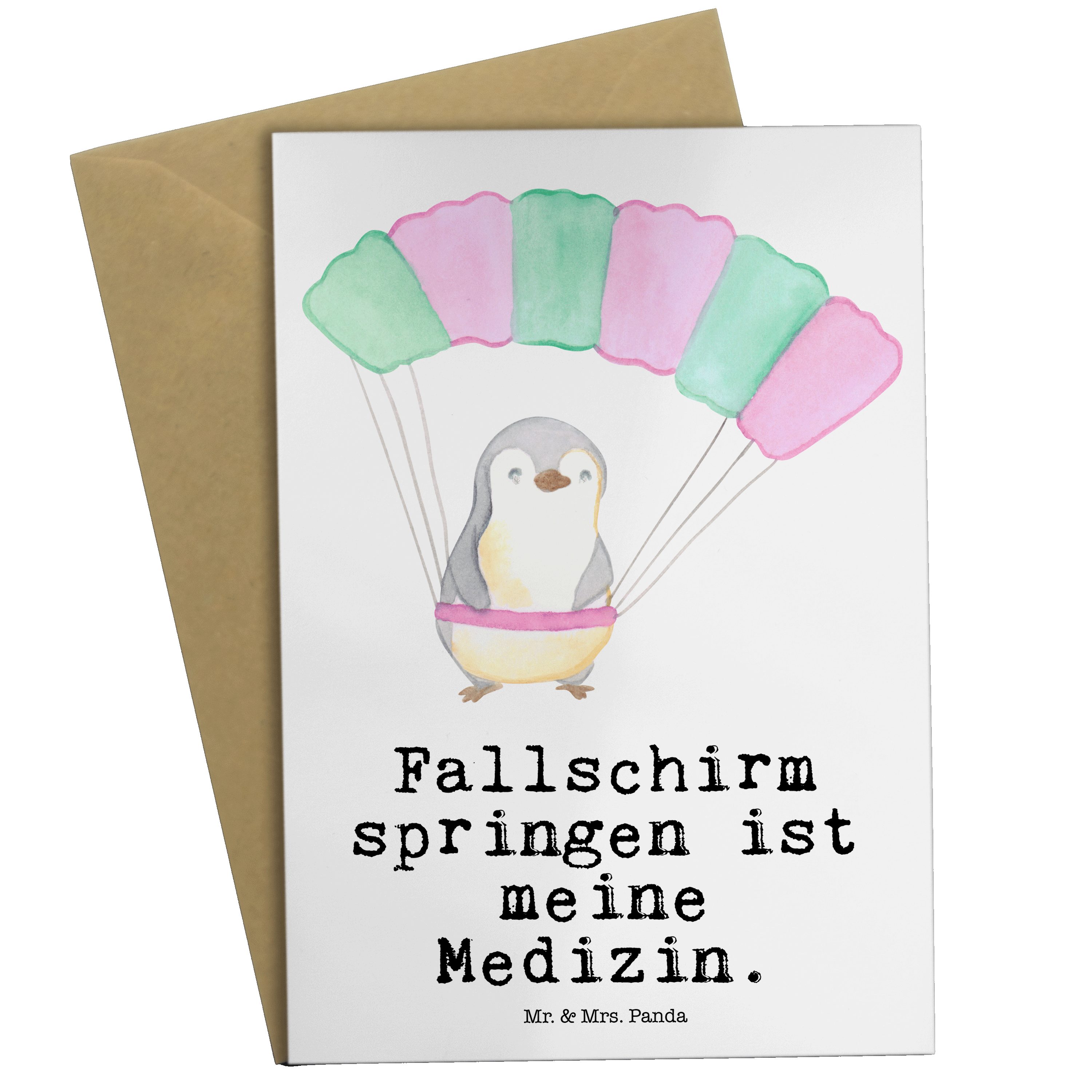 Mr. & Mrs. Panda Grußkarte Pinguin Fallschirm springen Medizin - Weiß - Geschenk, Hochzeitskarte
