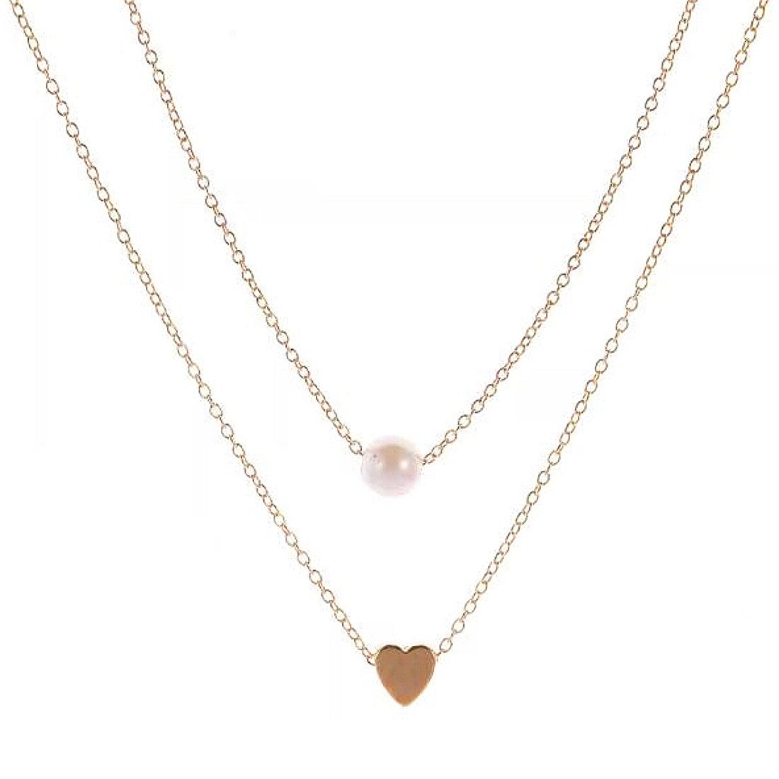 KARMA Ketten-Set Kette Damen zweireihig Gold Halskette Damenkette Damenhalskette, Perle und Herz Anhänger zweireihiger Damenschmuck