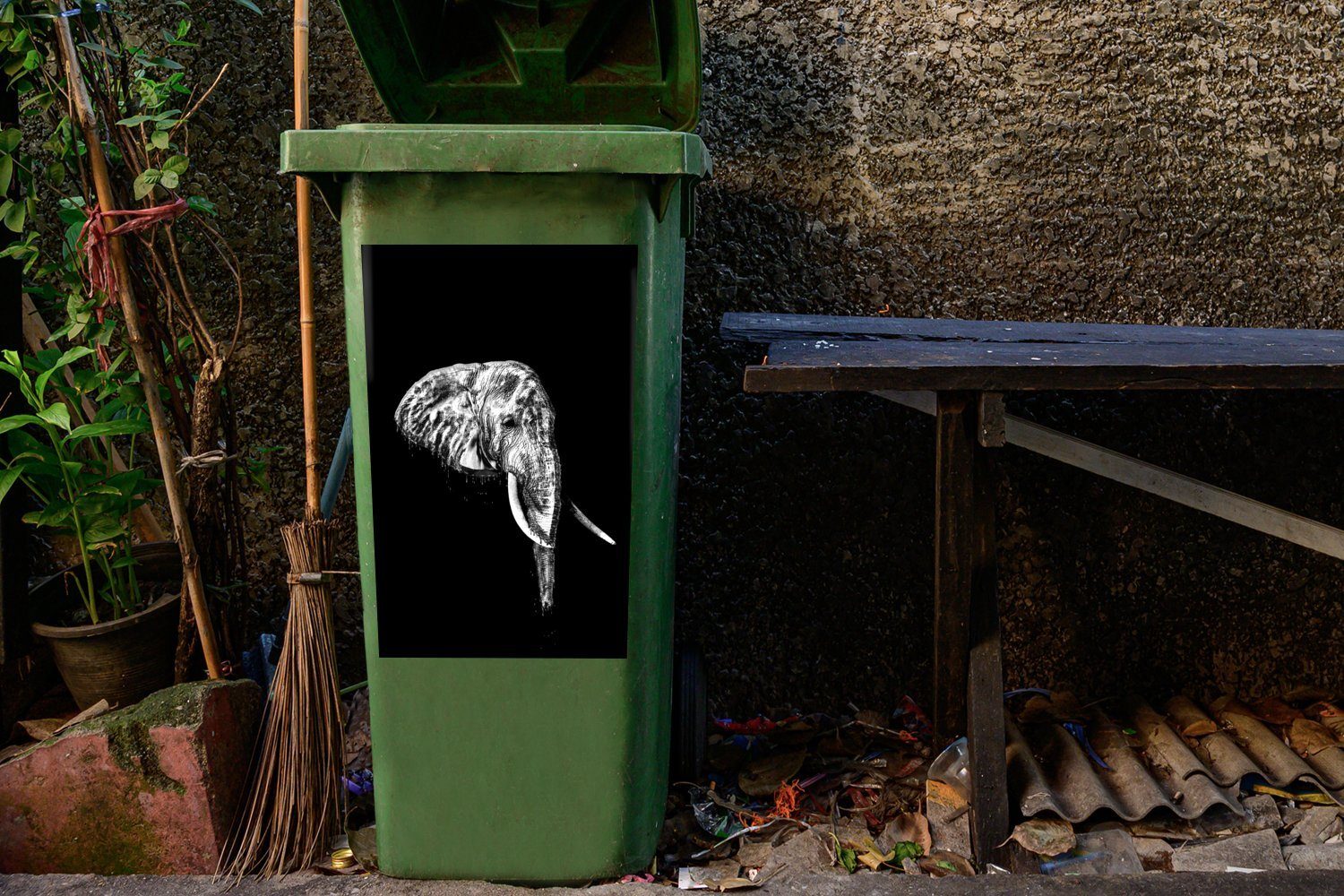 und Illustration Elefant MuchoWow (1 Sticker, - schwarzem Mülleimer-aufkleber, Hintergrund weiß vor Wandsticker schwarz Abfalbehälter St), Container, Mülltonne,