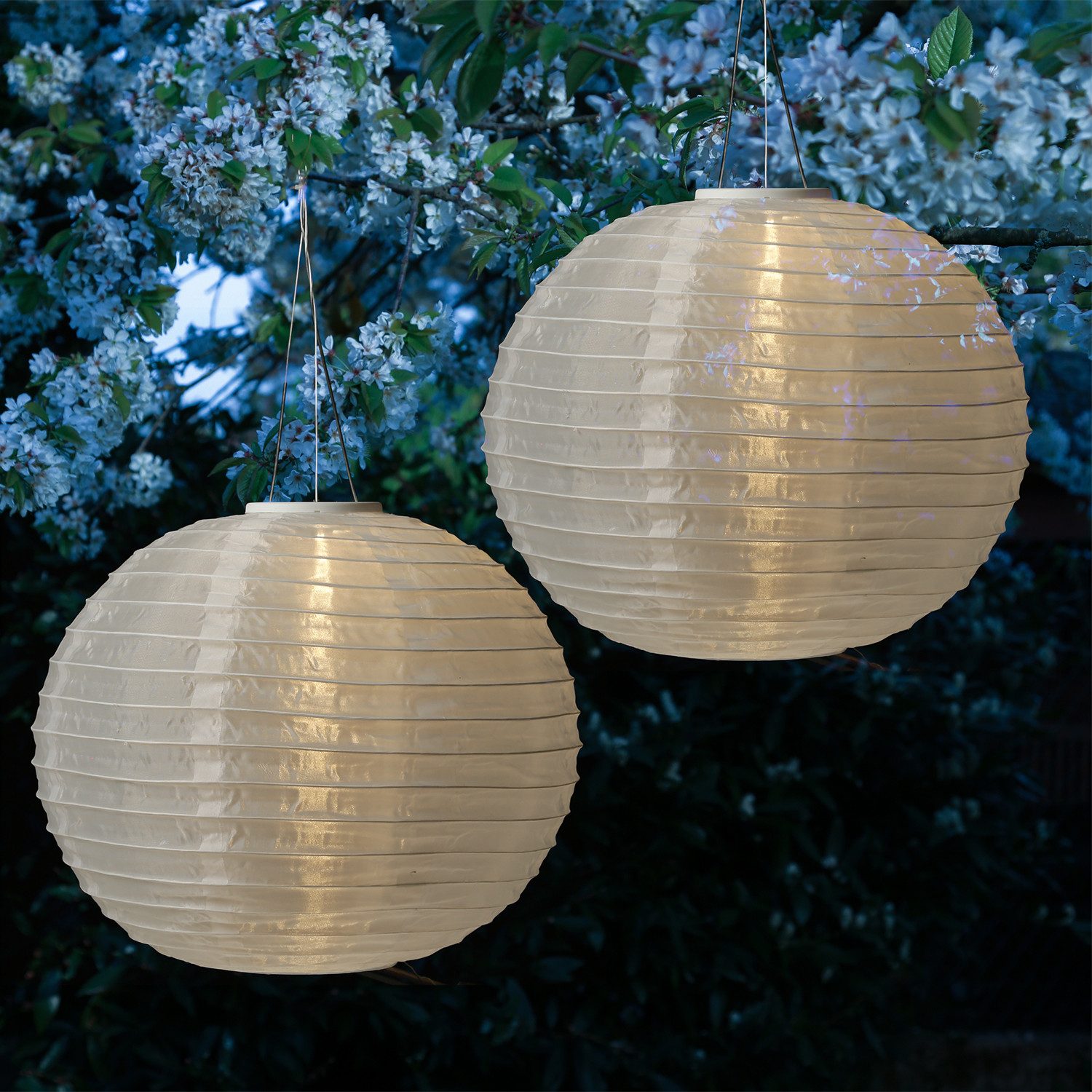 LED Lampion Solar Gartenlampion D: 40cm Party Balkon Terrasse Laterne weiß 2er Set