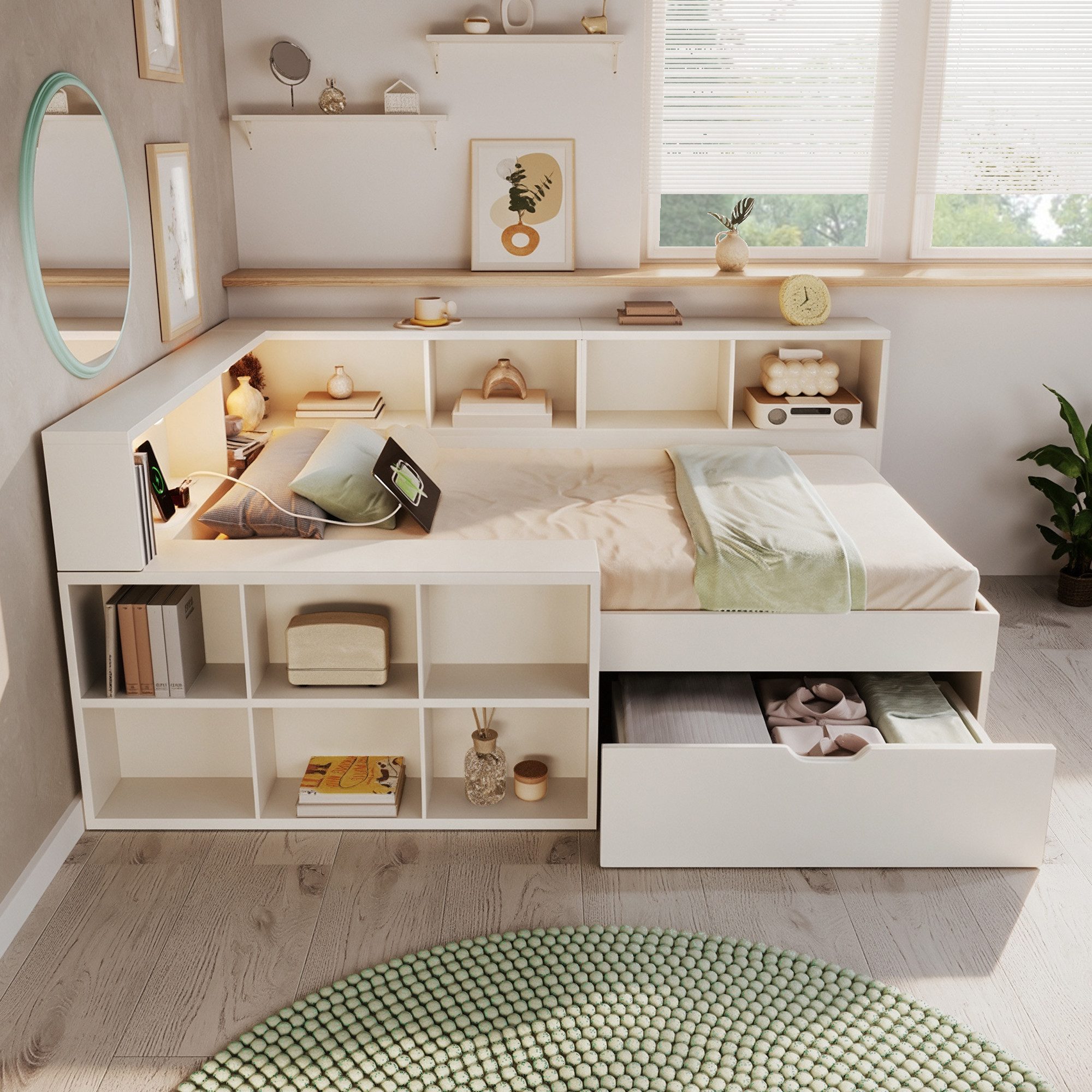 Welltin Bett Doppelbett mit USB‑C, Stauraum und Licht, Weiß