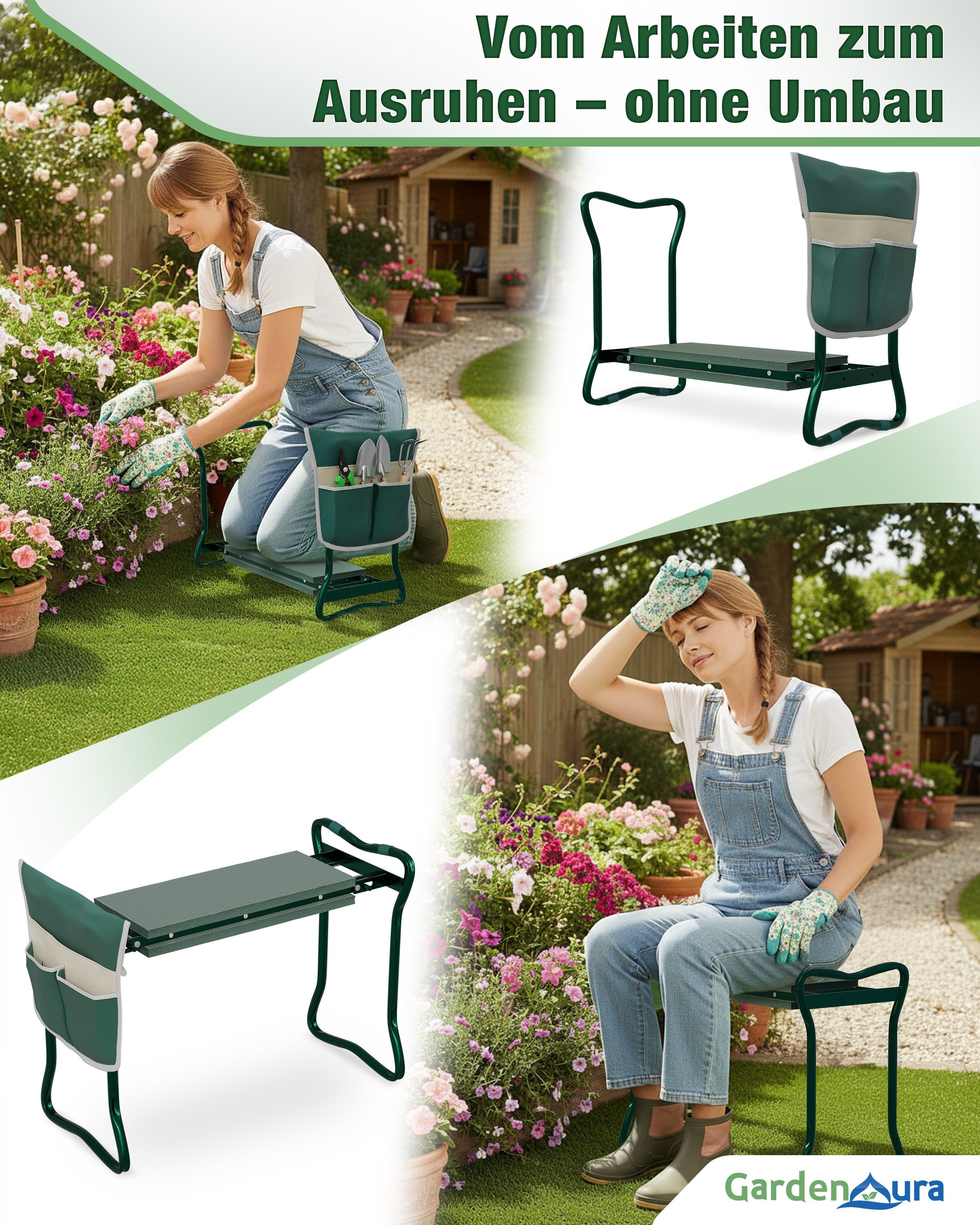 GardenAura Kniebank für Gartenarbeit 2 in 1 Gartenhocker,(Spar-Set), Mit Werkzeugtasche und Schutzkappen