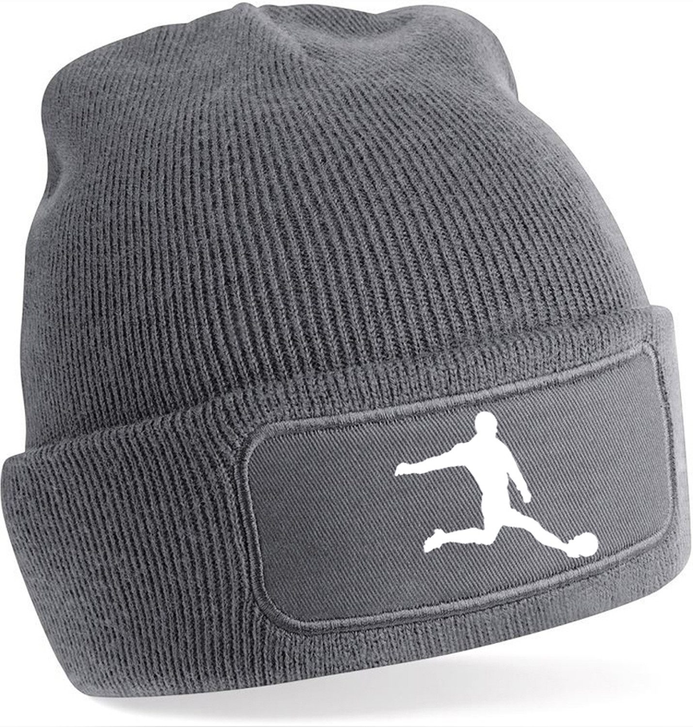 MyDesign24 Strickmütze für kalte Tage - Beanie mit Umschlag und Fussballer Silhouette Fußball Wintermütze für Männer, Frauen, Jungen und Mädchen i463