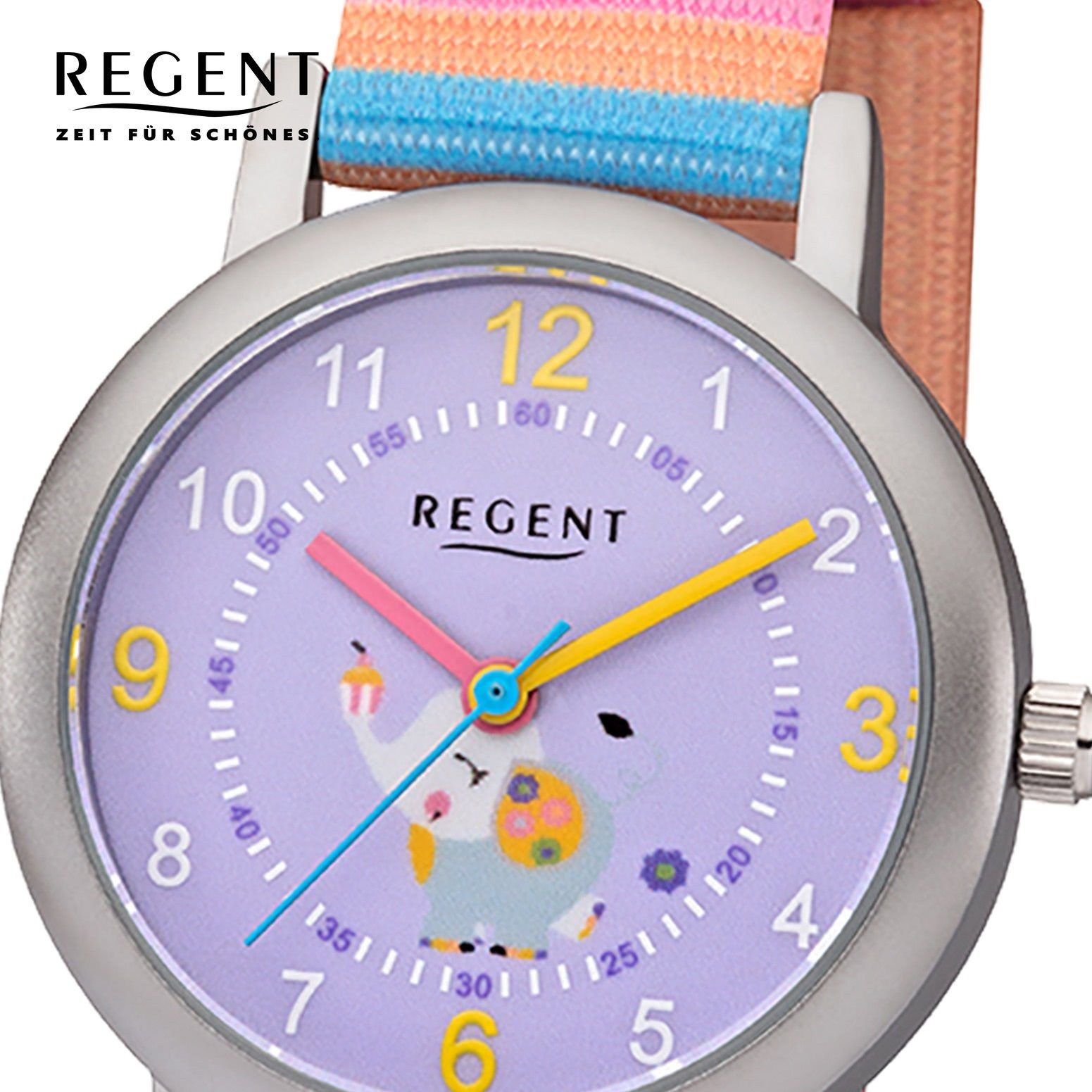 Zum günstigen Preis erhalten! Regent Quarzuhr Regent ionenplattiert Armbanduhr Kinder-Armbanduhr (ca. rund, Kinder Textilarmband, 29mm), Analog, mehrfarbig klein