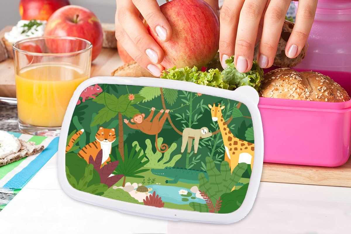 MuchoWow Lunchbox Dschungel Mädchen, Kinder, Brotdose Erwachsene, Kunststoff für Brotbox (2-tlg), rosa - Tiere - Kunststoff, Snackbox, Natur
