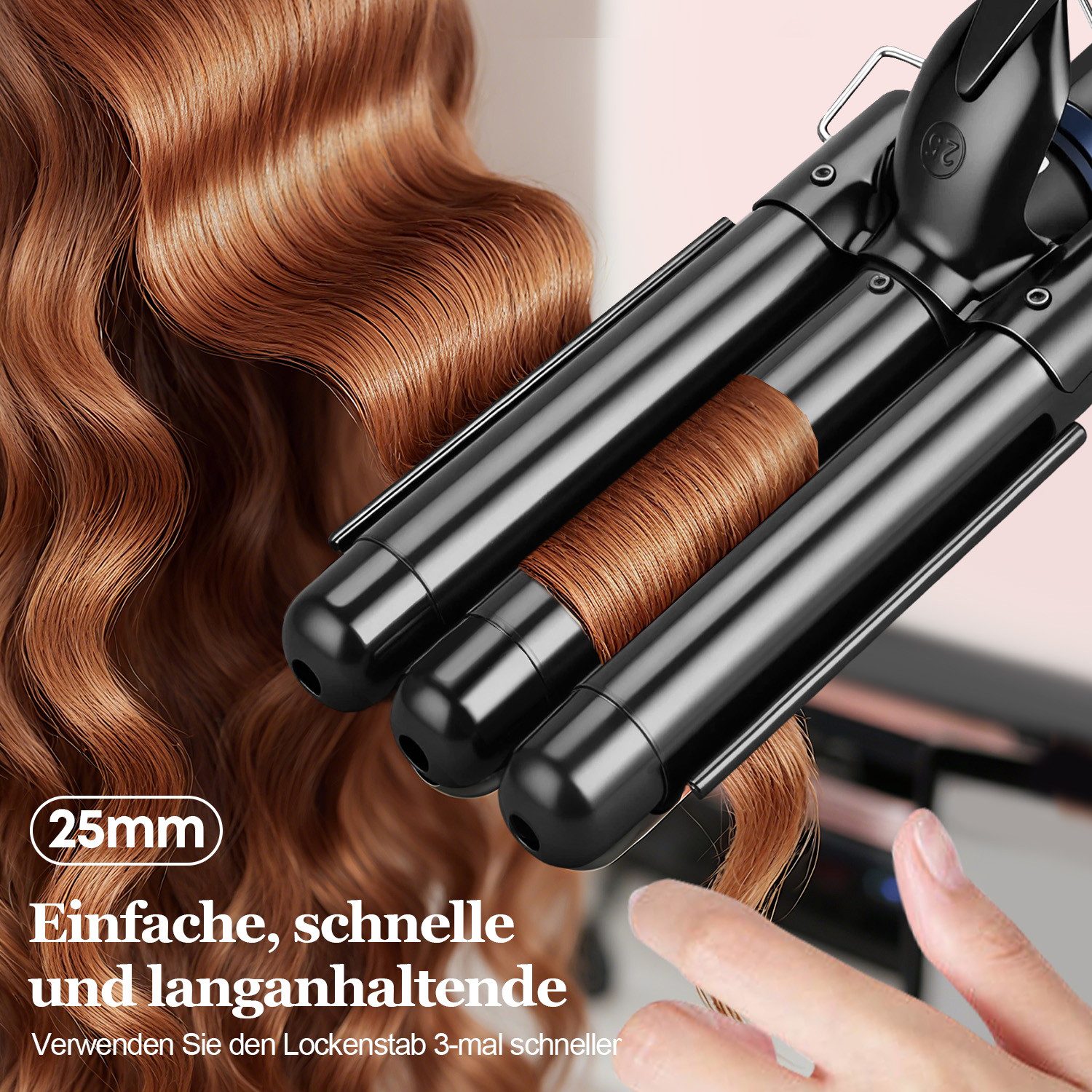 CkeyiN Lockenstab Wasserwellen 25mm,Lockenstab 3 Fässer,Faltbar Crimpers,140℃-220℃, Keramik Lockenstab,Schnelle Heizung, mit LCD-Temperaturanzeige Große,Welle für Lange/kurze Haare