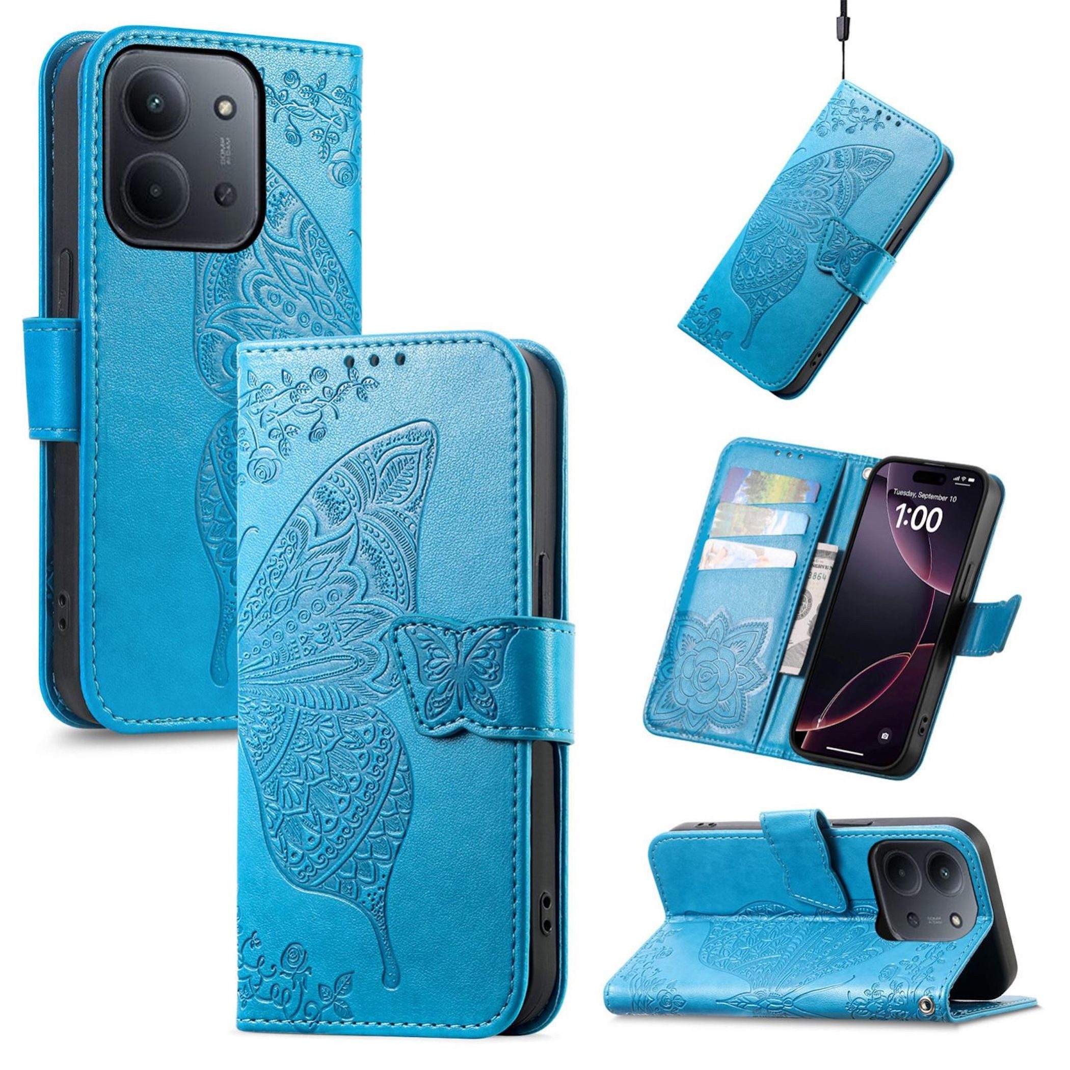 Wigento Smartphone-Hülle Für Xiaomi Redmi 15C 5G / 4G Kunstleder Schmetterling Book Hülle Blau, Kunst-Leder Schutzhülle Smart Case Cover magnetischer Verschluss