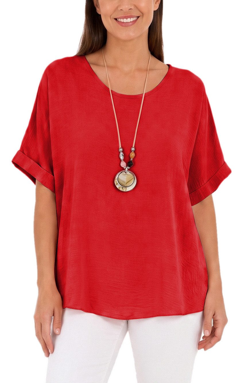 dy_mode Kurzarmbluse Kurzarmbluse Damen Blusenshirt Oberteil Oversize Tunika in Unifarbe, mit Statementkette