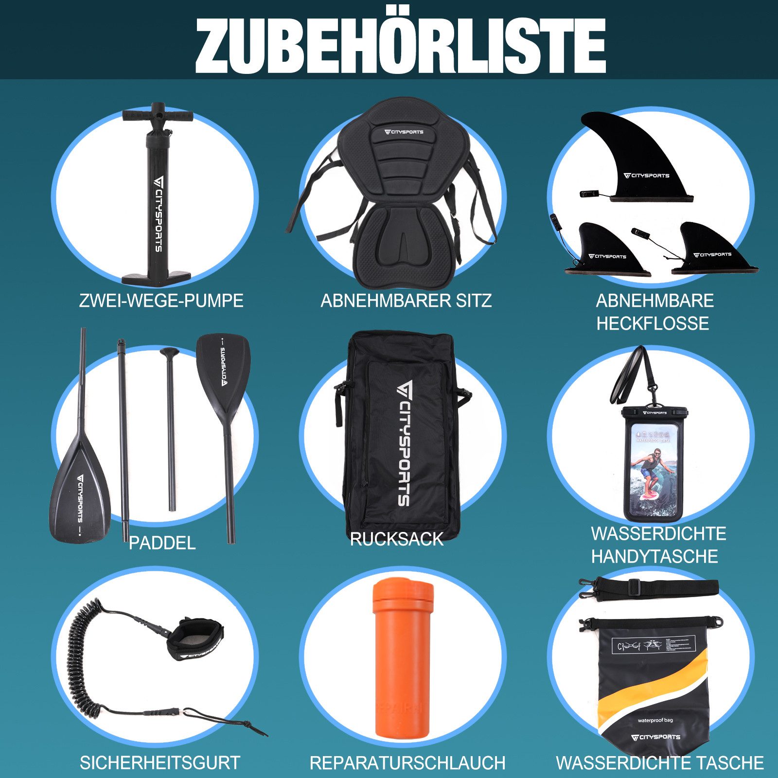 CITYSPORTS Inflatable SUP-Board 320x80x15cm,aufblasbares Stand Up Paddle Board set bis 160 kg, Komplettset mit Paddel, Pumpe, Rucksack, Leash, Finnen & Kajak-Sitz
