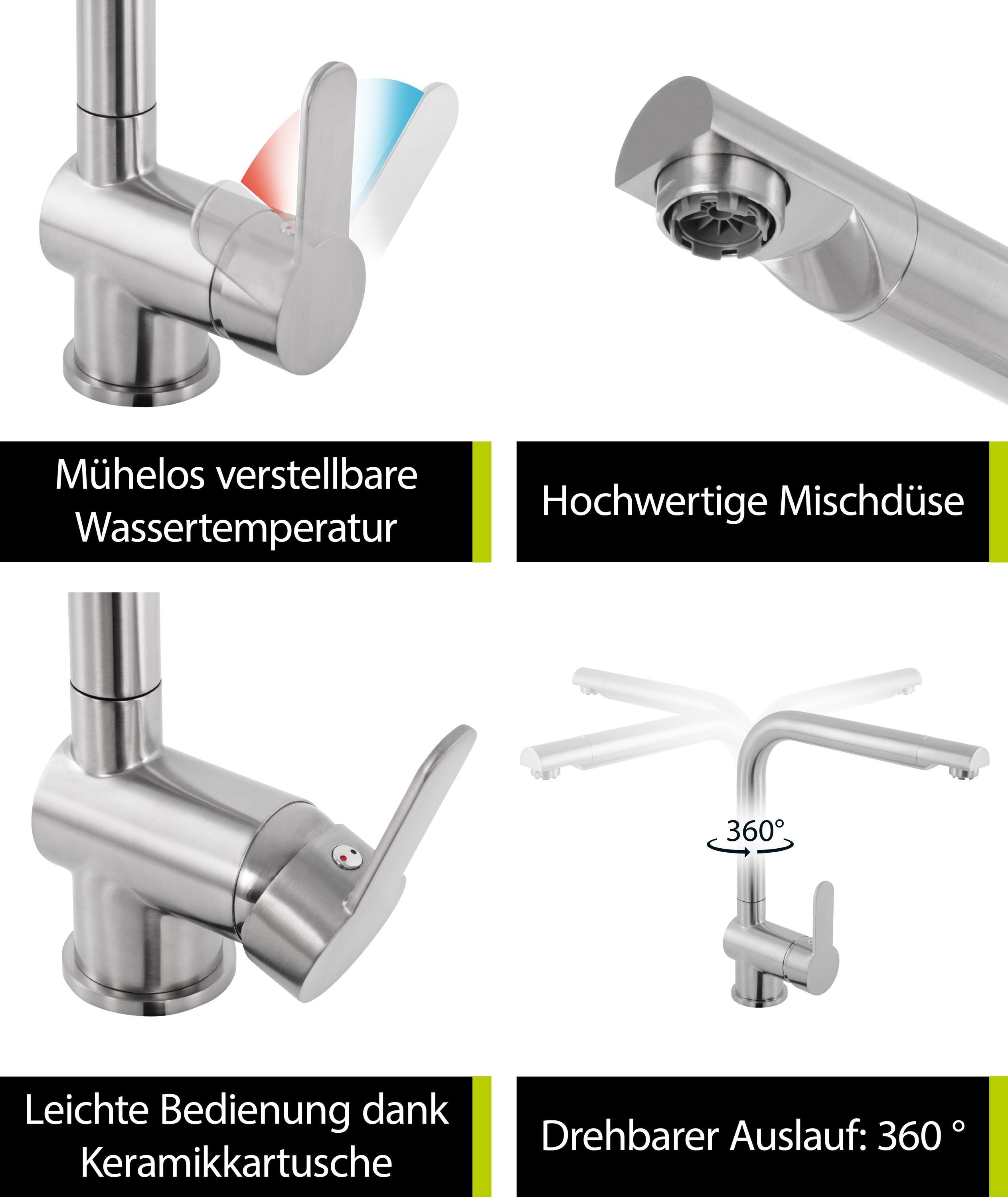 aquaSu Spültischarmatur Sanmix Style Niederdruck, Edelstahl, Boiler, Warmwasseranschluss, hoher Auslauf