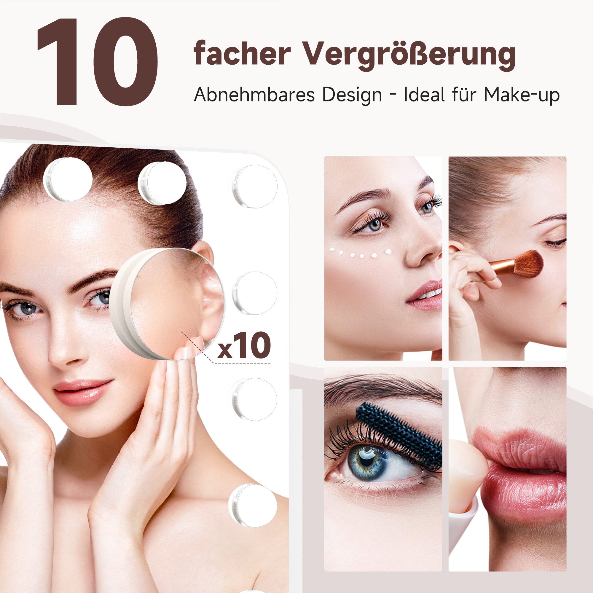 SONNI Schminkspiegel LED-Schminkspiegel mit 10-facher Lupe und Mobiltelefonhalterung, 55X47cm