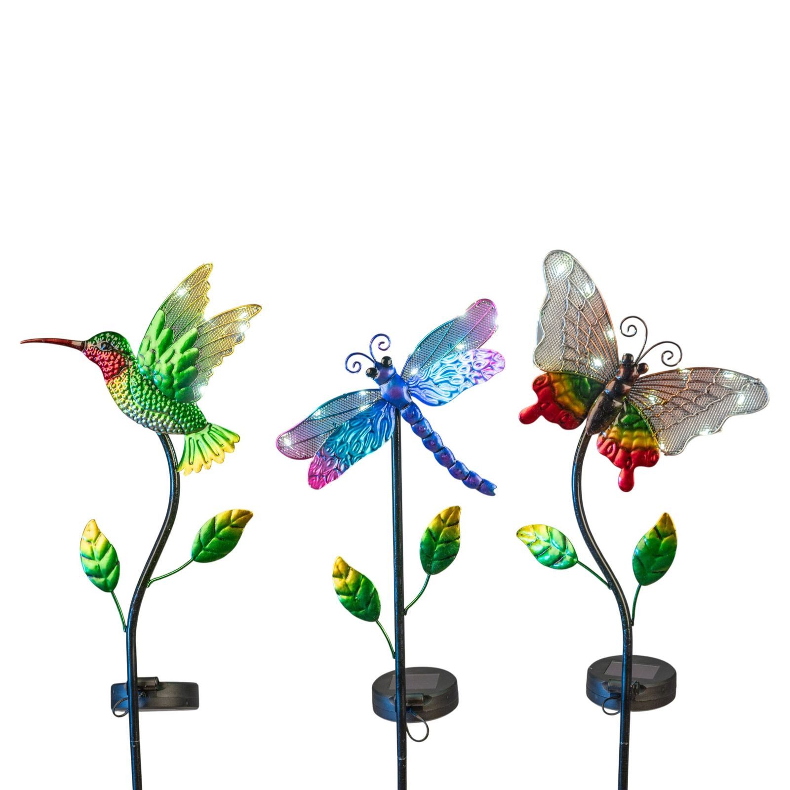 formano Gartenfigur 3er Set Solarleuchte Gartenstecker LED Vogel Libelle Schmetterling
