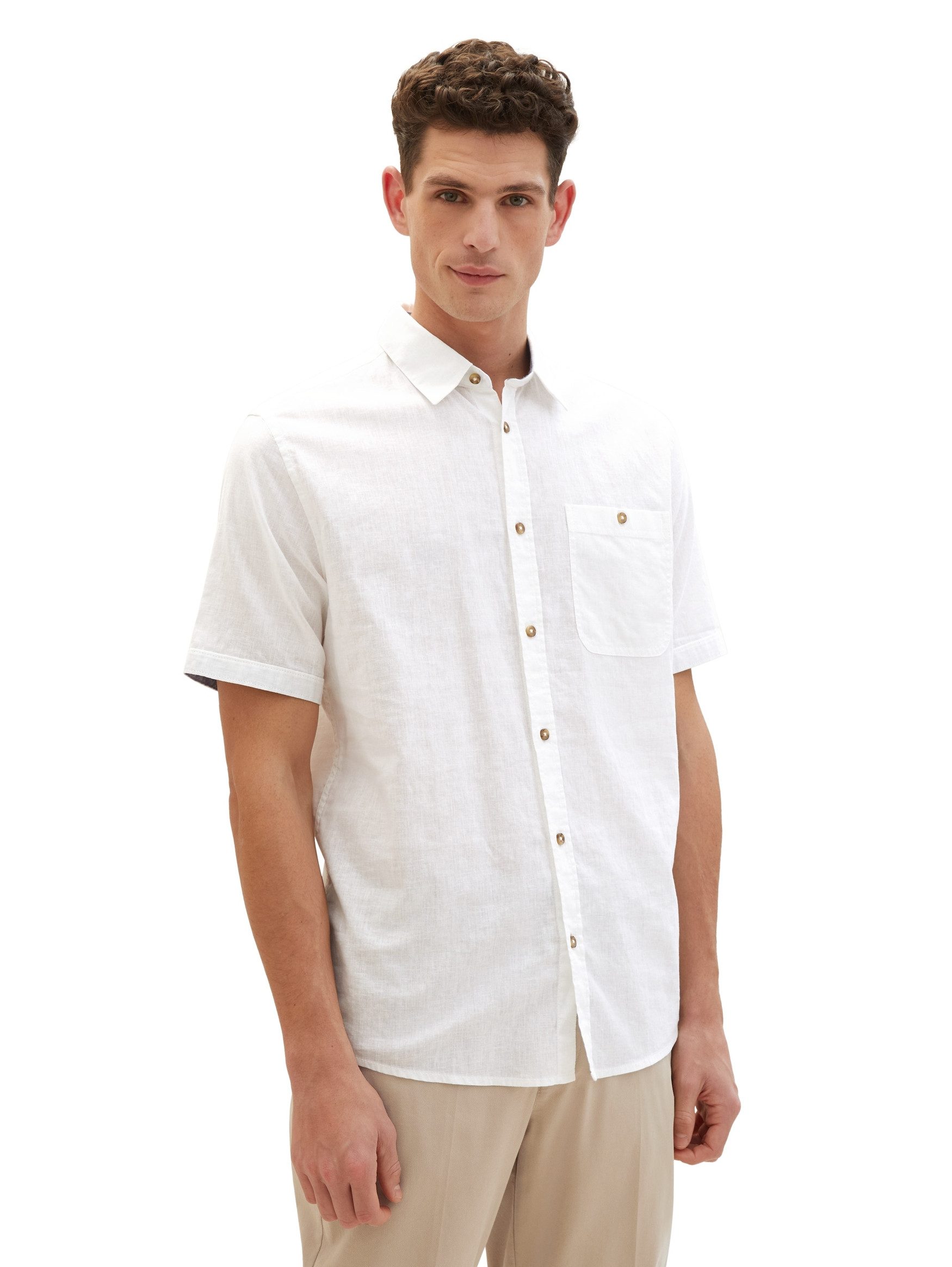 TOM TAILOR Kurzarmhemd Kurzarm Hemd mit Leinen Regular Freizeit Kent Kragen Design Shirt 7362 in Weiß