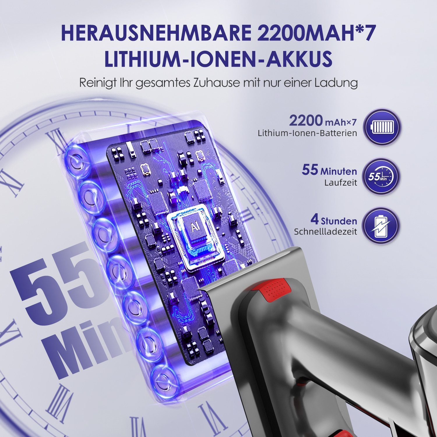 Hiazurm Akku-Hand-und Stielstaubsauger Akku Staubsauger, 2 Saugstufen, 50Min/1.6L Kabelloser Staubsauger, 8-in-1 Akkusauger für Teppich, Hartboden, Tierhaare,Mit Dufttabletten, Mit LED Display,HEPA*4