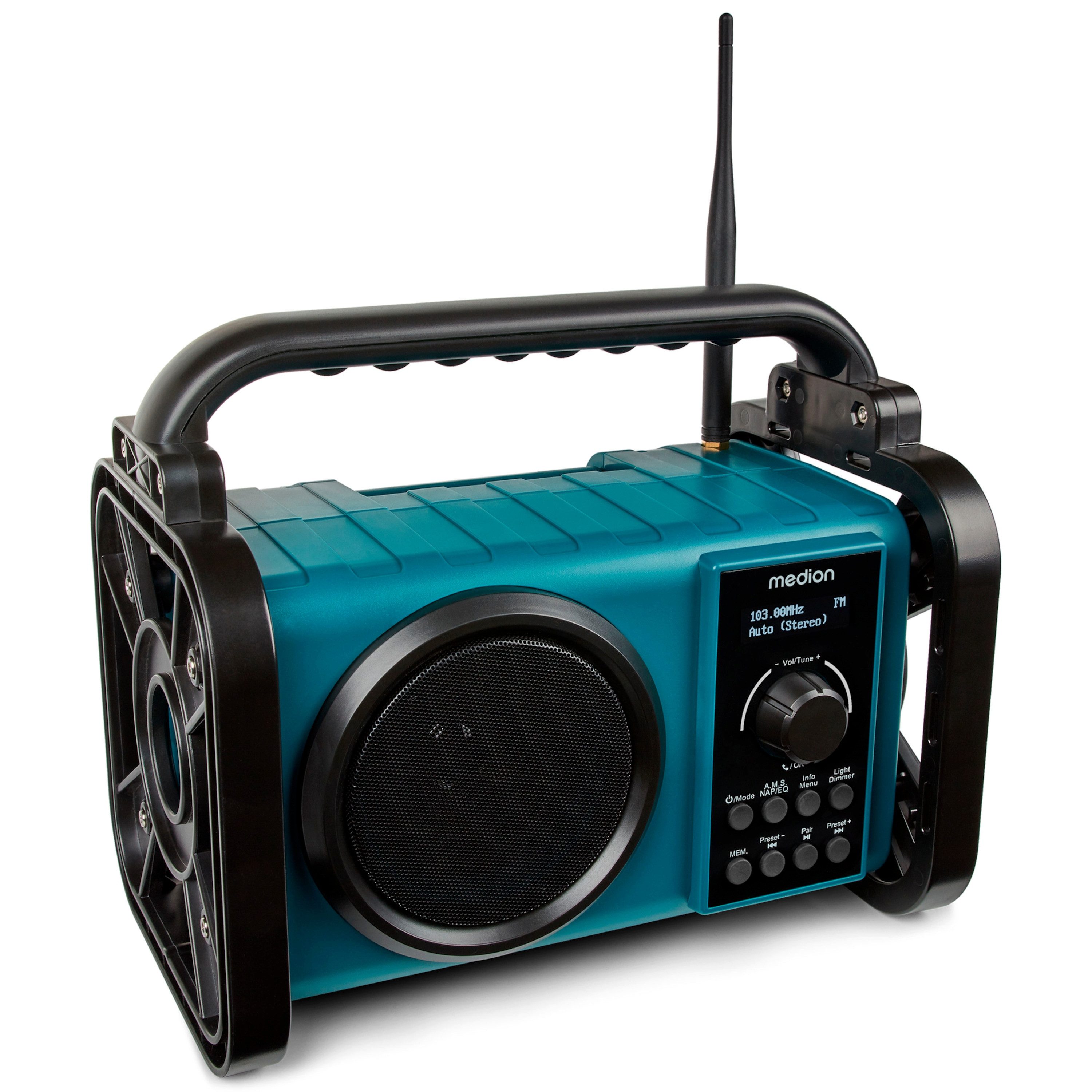 Medion® Baustellenradio MEDION® LIFE® E66877 (MD43877) Baustellenradio (AM/FM, MW/UKW, DAB+, 5 W, integrierter Akku, LED-Arbeitslicht, Bluetooth 5.0, IP44-Schutz)