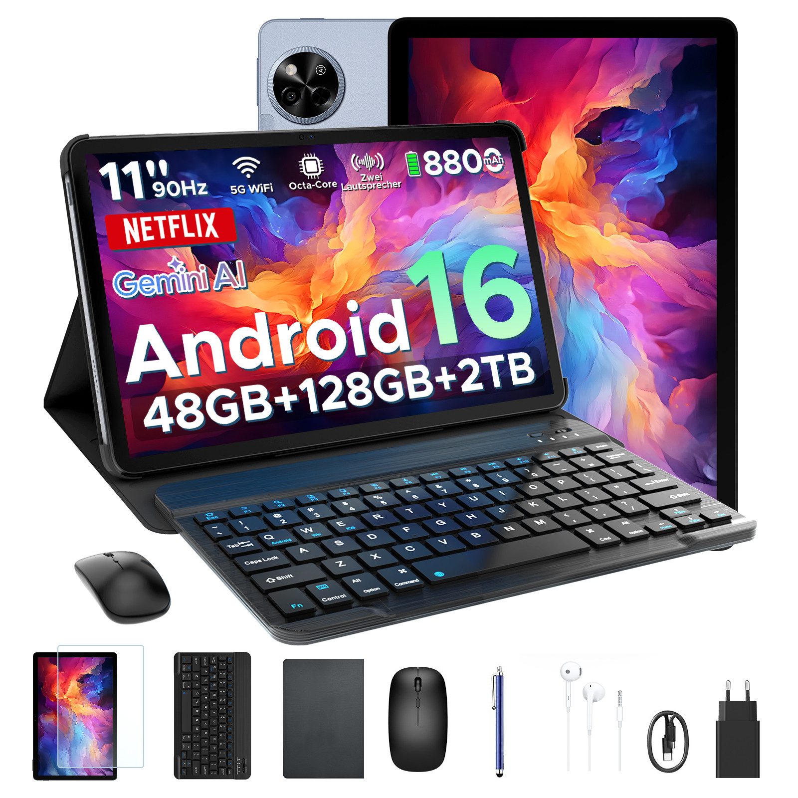 Aorlym P11 Android 16 Tablet mit Tastatur, Stift, Maus, 11 Zoll, 8800mAh Tablet (11", 8 GB, Android 16, Gemini AI, 13 MP, 5G WiFi/Widevine L1/GPS/Face ID/zwei Lautsprecher)