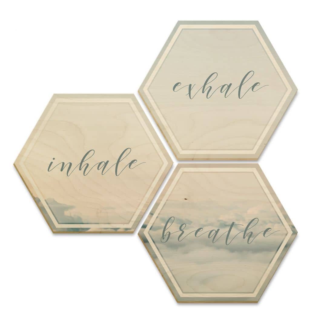 Exhale Inhale 3er naturbelassen Gemälde Set, Breathe Art Birke-Furnier K&L Wandbild Holzbild Wohnzimmer Wall Wolken Hexagon