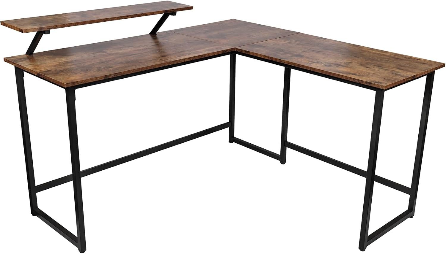VENDOMNIA Eckschreibtisch L Form - industrial Design, aus Metall, 140x130 cm (inkl. Monitorständer, Schwarz Braun Computertisch, Computertisch Bürotisch Arbeitstisch Büro Vintage Retro Laptop PC)