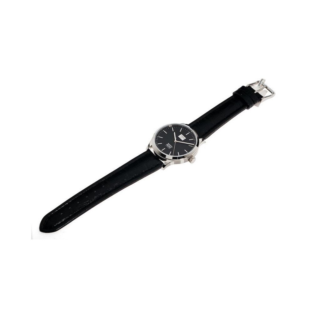 Watchpeople Quarzuhr Herren Argos Edelstahl Lederband Schwarz Silber Datum WP-9000551, flaches Mineralglas, Leuchtzeiger