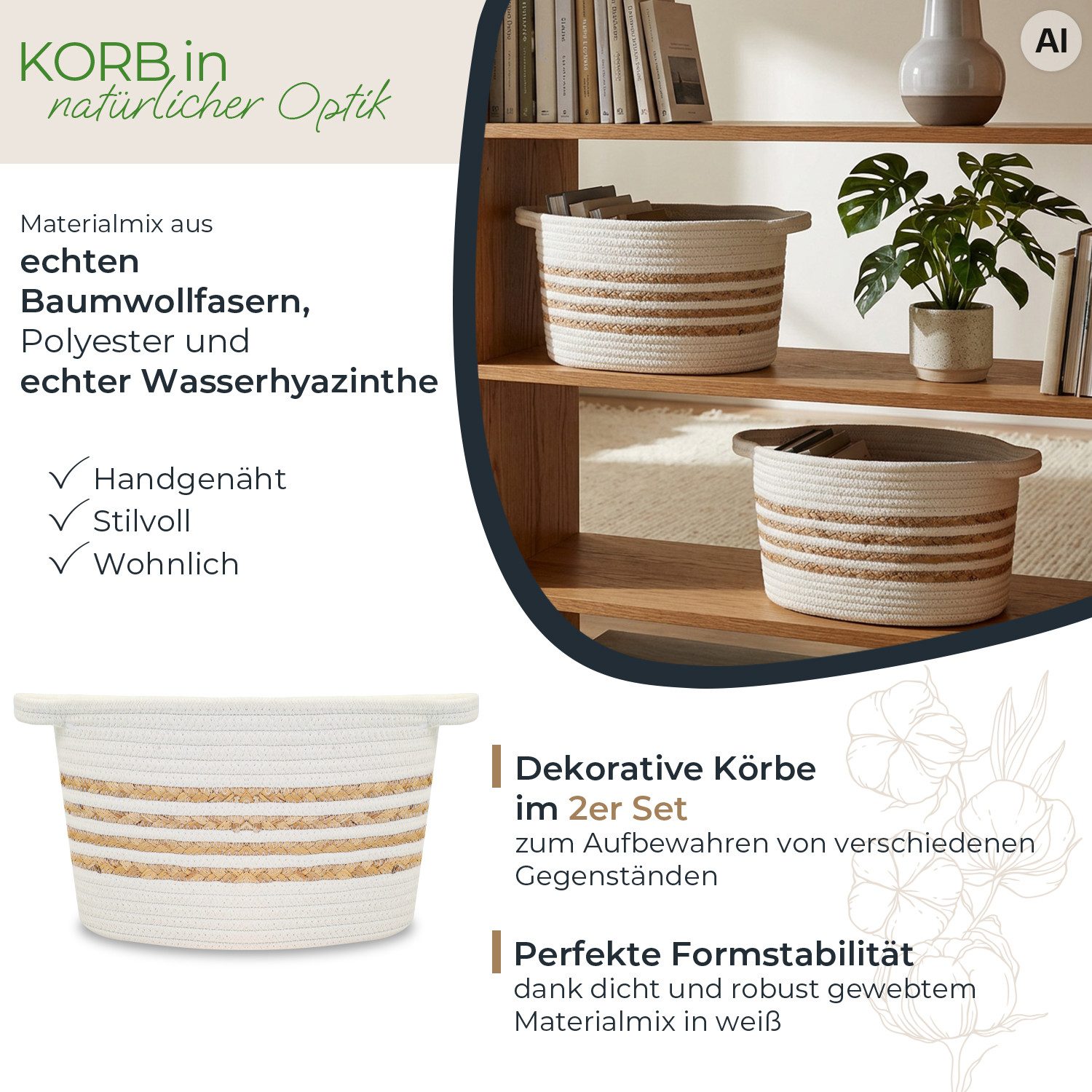 HMF Aufbewahrungskorb Aufbewahrungskorb mit verlängerten Griffen, ovaler Korb aus (2er-Set), Baumwolle und Wasserhyazinthe, 30 x 22 x 19 cm – Bild 2 von 5