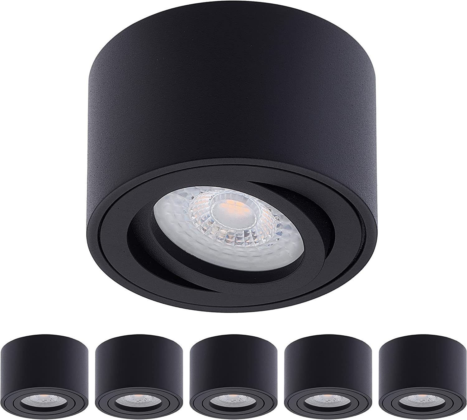 Oktaplex lighting LED Deckenstrahler 6 Stück Set Aufbaustrahler mit LED Modul 5W 380 Lumen, Dimmbar, Leuchtmittel wechselbar, warmweiß, 3000 Kelvin 230V 30° schwenkbar Höhe 50mm schwarz