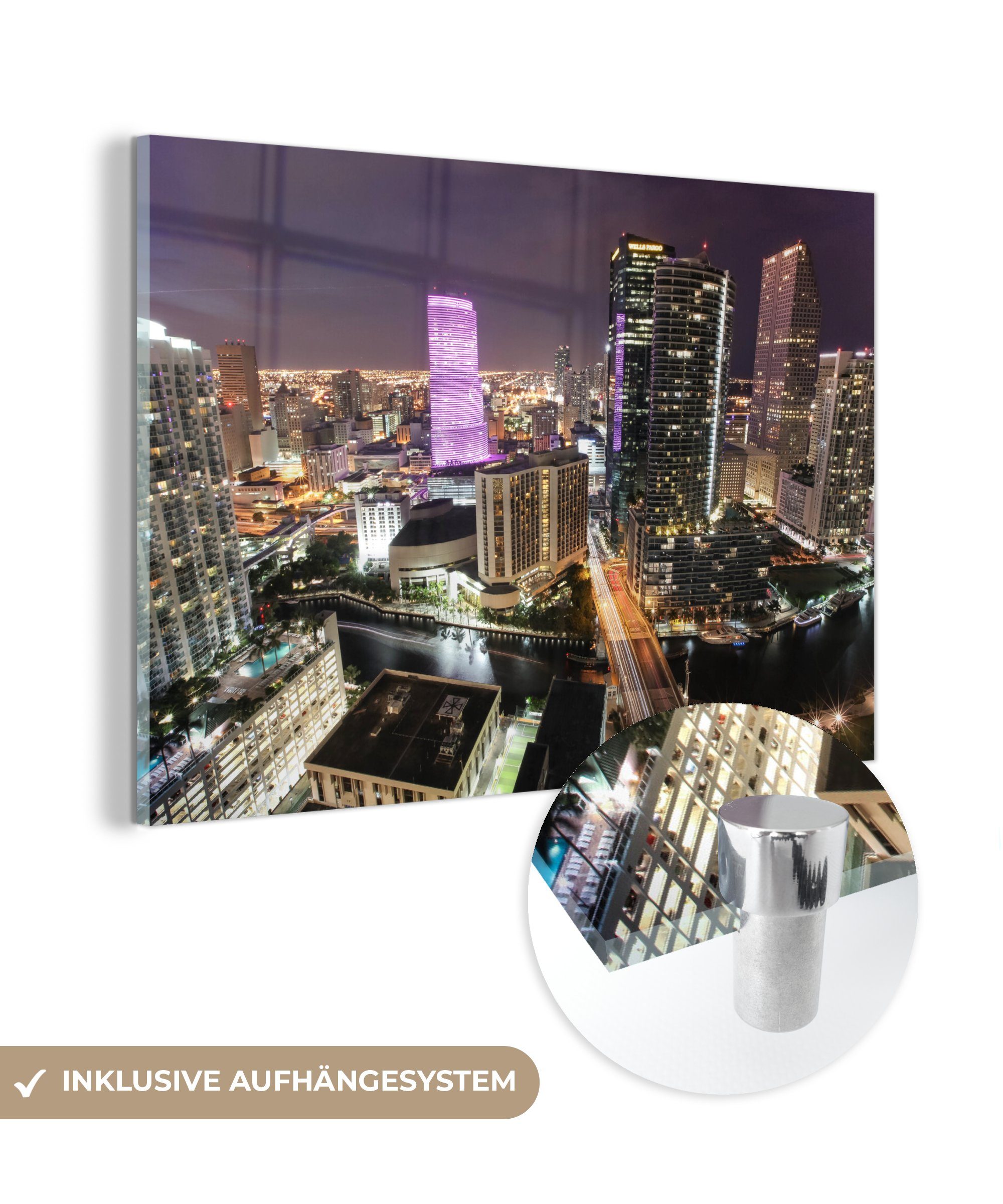 MuchoWow Acrylglasbild Miami - Nacht - Licht, (1 St), Acrylglasbilder Wohnzimmer & Schlafzimmer