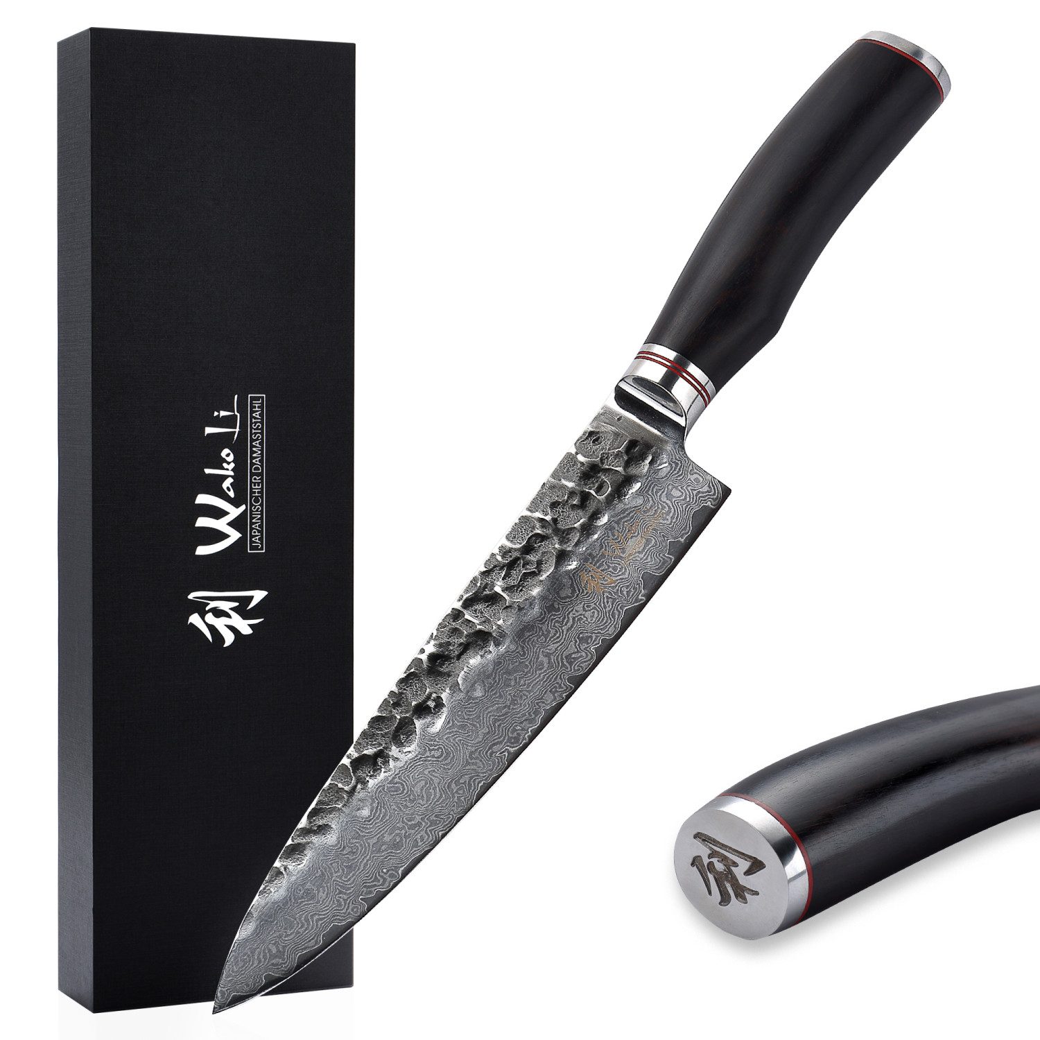 Wakoli Universalküchenmesser EBO Damast Chefmesser I 20 cm Klinge I schwarzer Eichenholzgriff