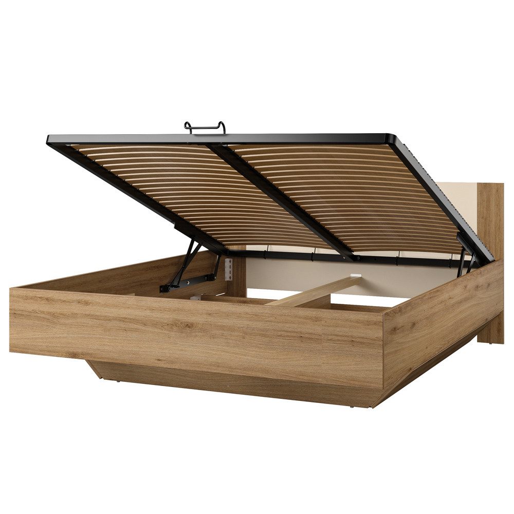 Lomadox Bettgestell VARESE-83, Eiche mit beige Lattenrost klappbar Bettkasten 160x200cm Liegefläche