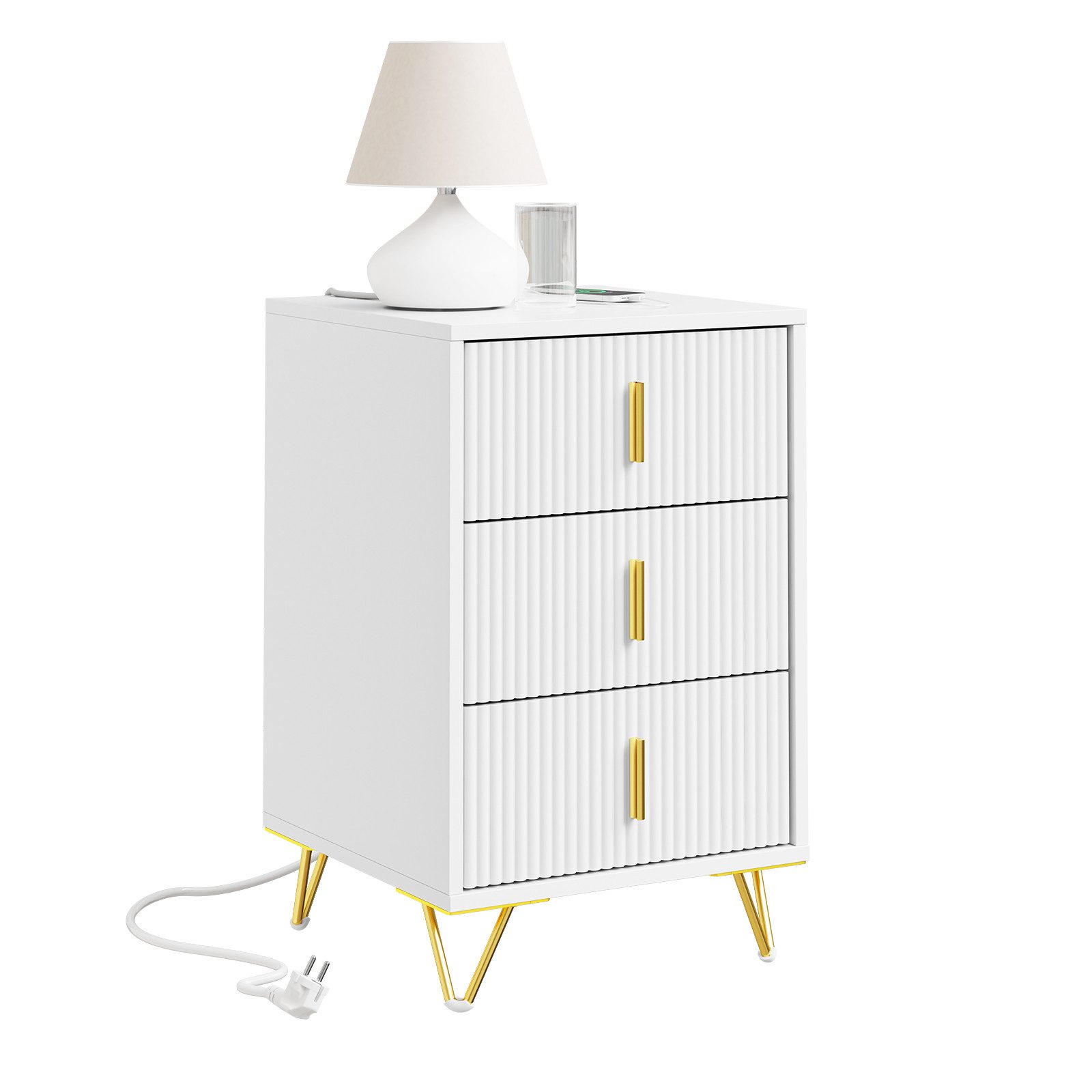SoBuy Nachttisch FBT115-E, Nachttisch, Nachtschrank Beistelltisch Sofatisch Couchtisch, Nachttisch mit 2 Steckdosen, USB und Type-C, 2/3 Schubladen