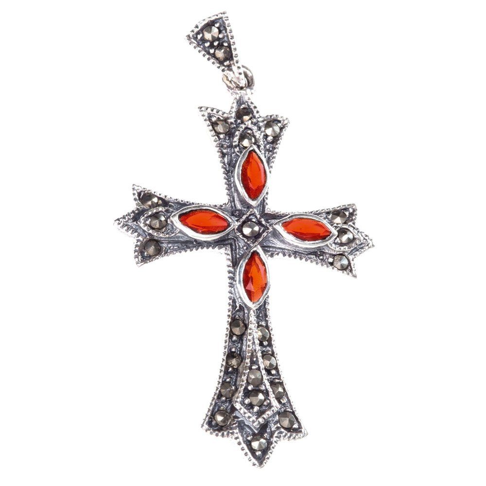 HOPLO Kreuzanhänger Kreuzanhänger Mittelalter IARA Roter Kristall und Markasitsteinen Sil