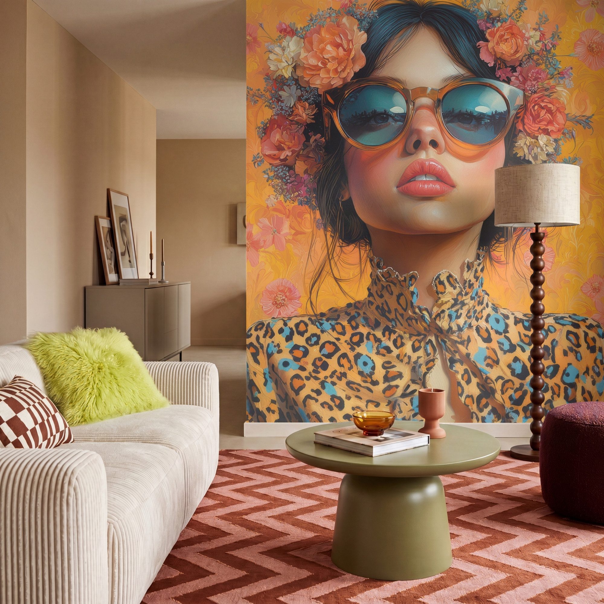 OnlyWow Fototapete Frau - Blumen - Ästhetik - Orange, Matt, bedruckt, Wohnzimmer, Modern, bedruckt, Vliestapete 160x200cm
