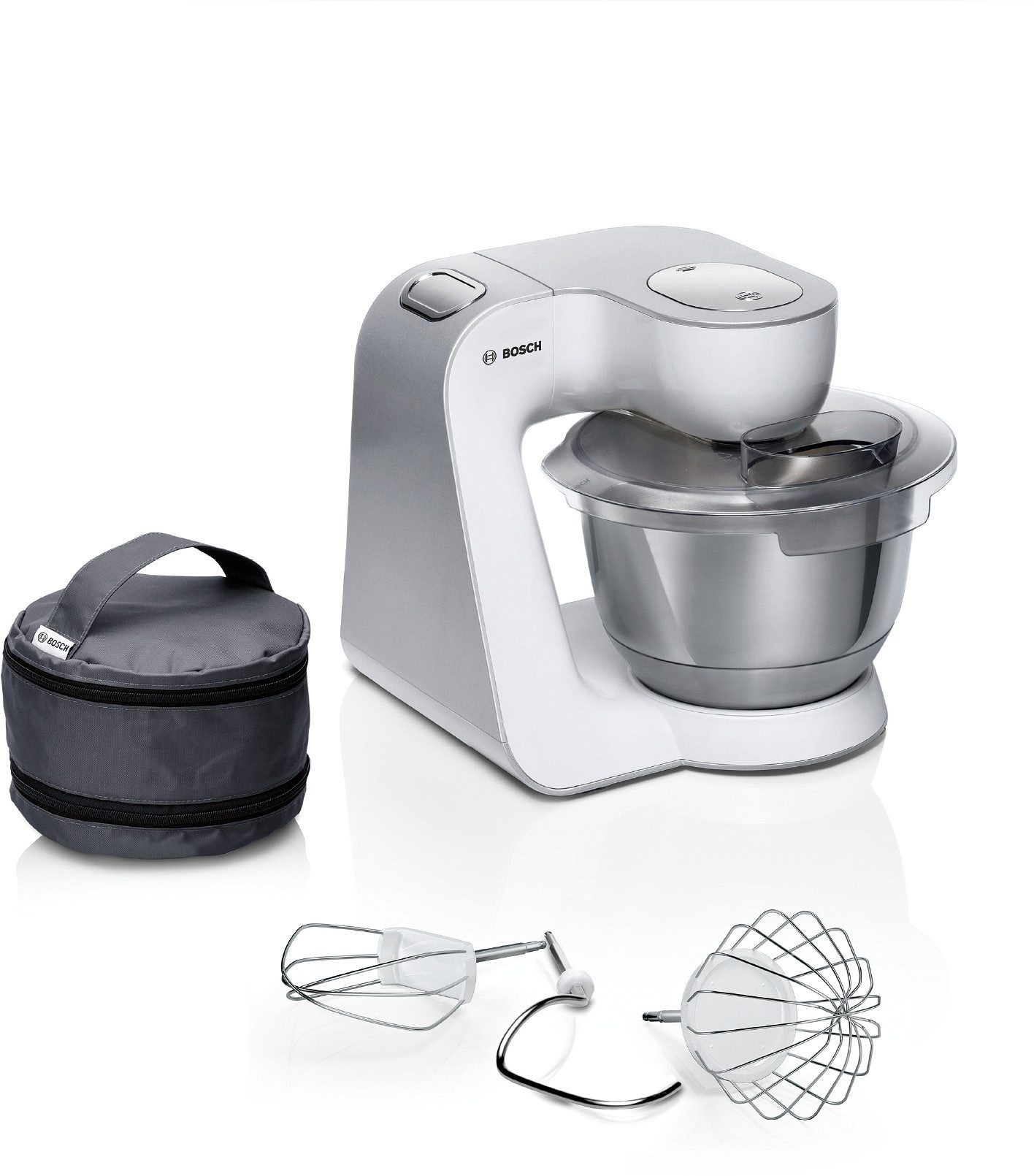 BOSCH Küchenmaschine MUM58200 Serie 4 Knethaken, Rühr- & Schneebesen aus Edelstahl, 1000 W, 3,9 l Schüssel, Zubehörtasche, Edelstahlschüssel spülmaschinenfest, 3D Rührsystem
