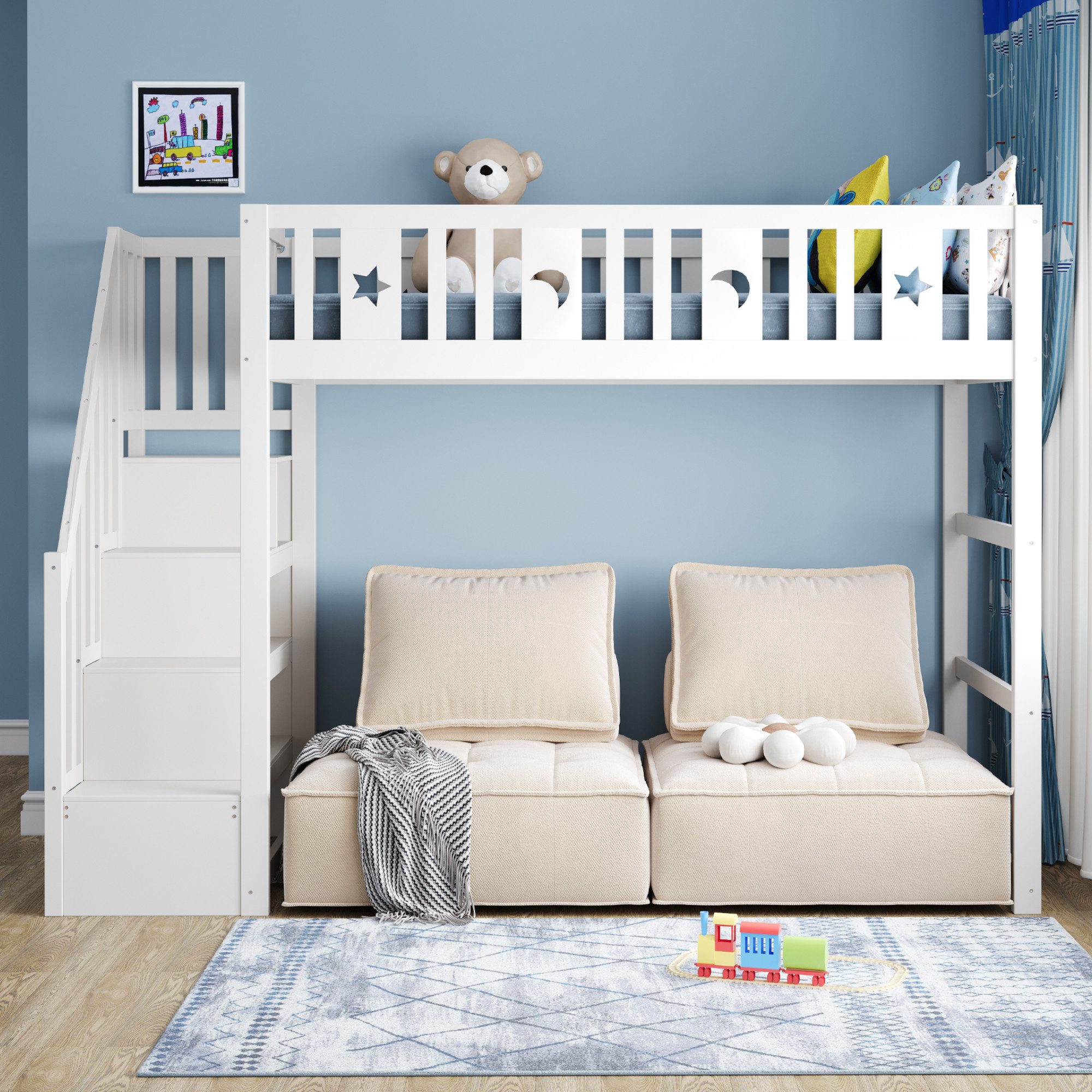 MODFU Hochbett mit Treppe, Jugendbett (Funktionsbett mit Sicherheitsgeländer & Dekoration, Stern & Monddesign, Kinderbett 90x200 cm) ohne Matratze