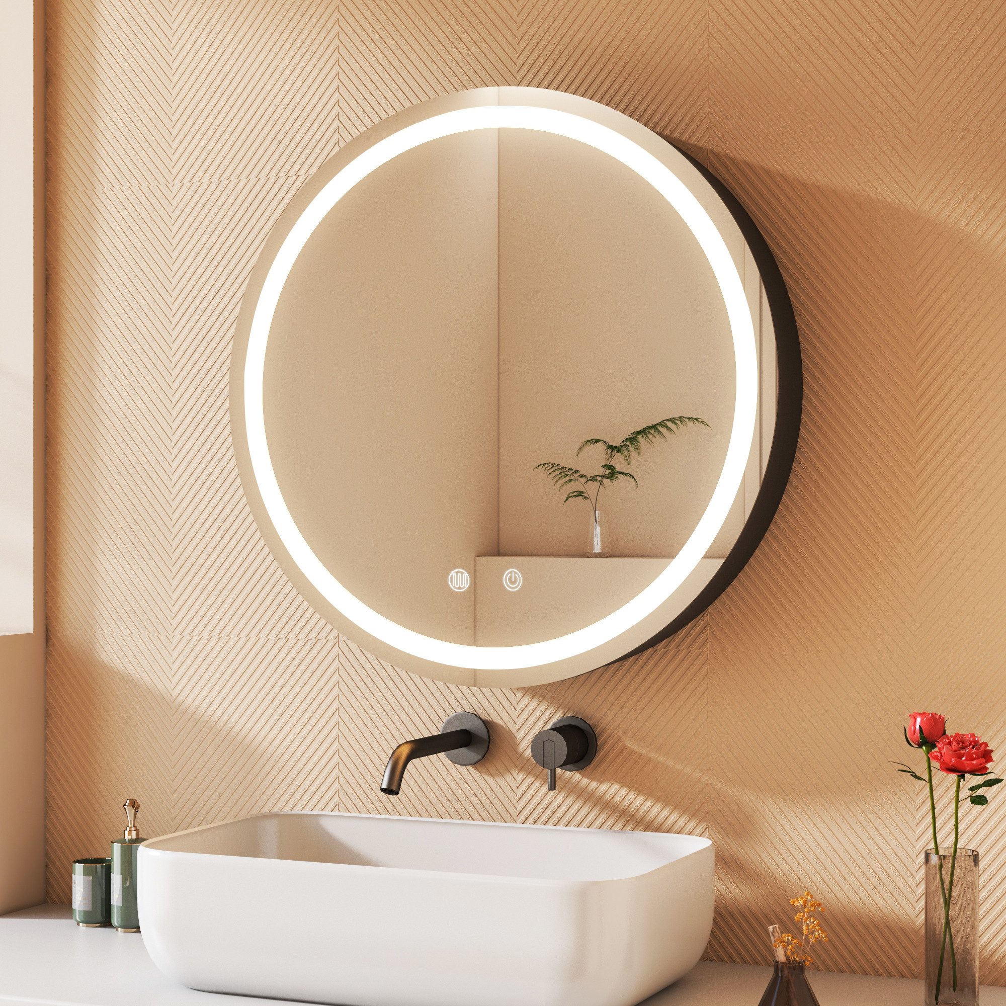 WDWRITTI Spiegelschrank mit Beleuchtung Badezimmer Schrank Schwarz Rund Ø60 günstig online kaufen