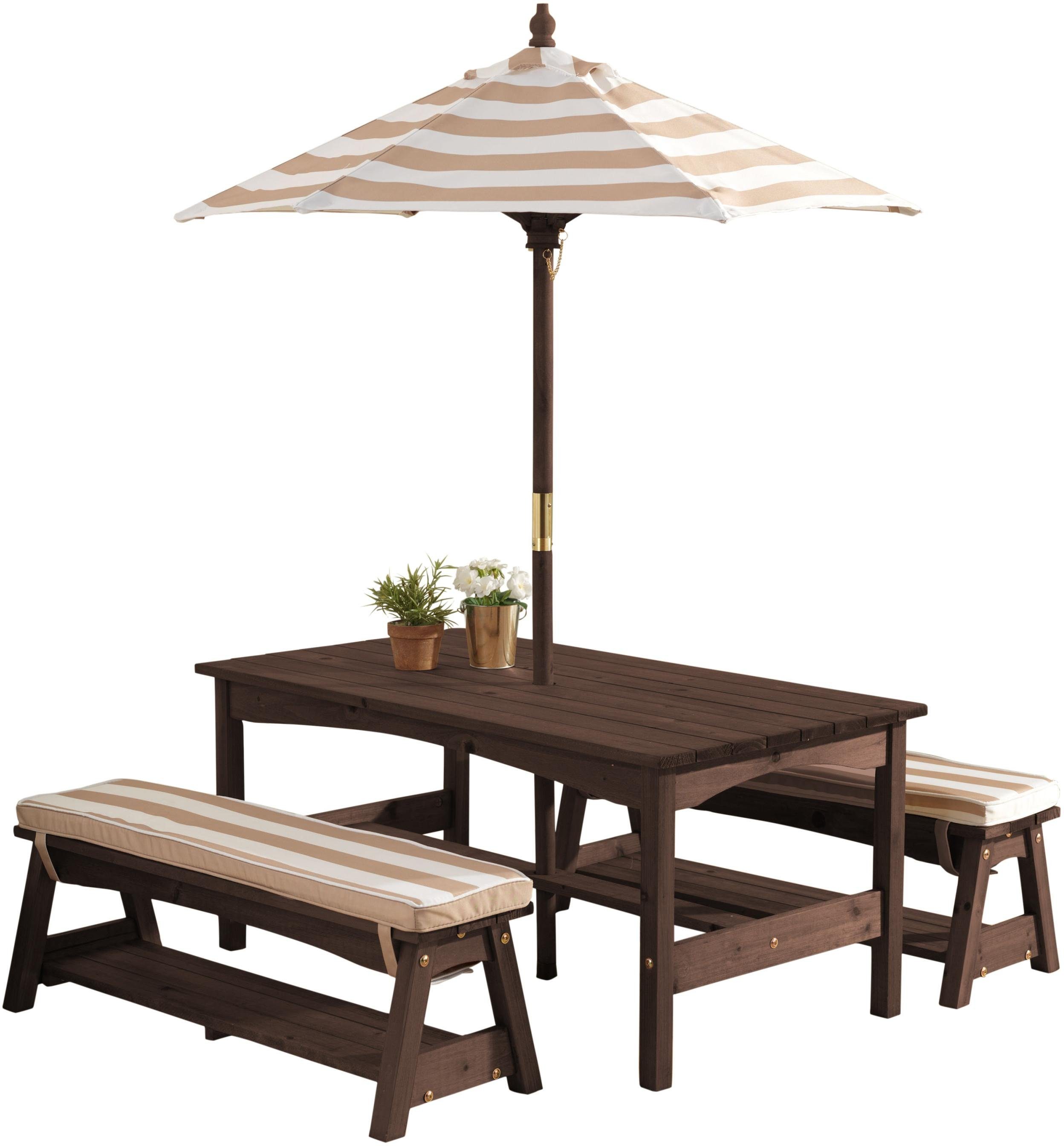 KidKraft® Kindersitzgruppe »Gartentischset dunkelbraun«, mit Sitzauflagen  und Sonnenschirm, beige-weiß gestreift online kaufen | OTTO