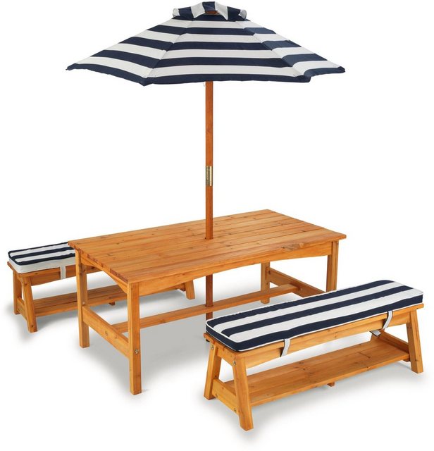 KidKraft® Kindersitzgruppe »Gartentischset hellbraun«, mit Sitzauflagen und Sonnenschirm, marineblau-weiß gestreift-Otto